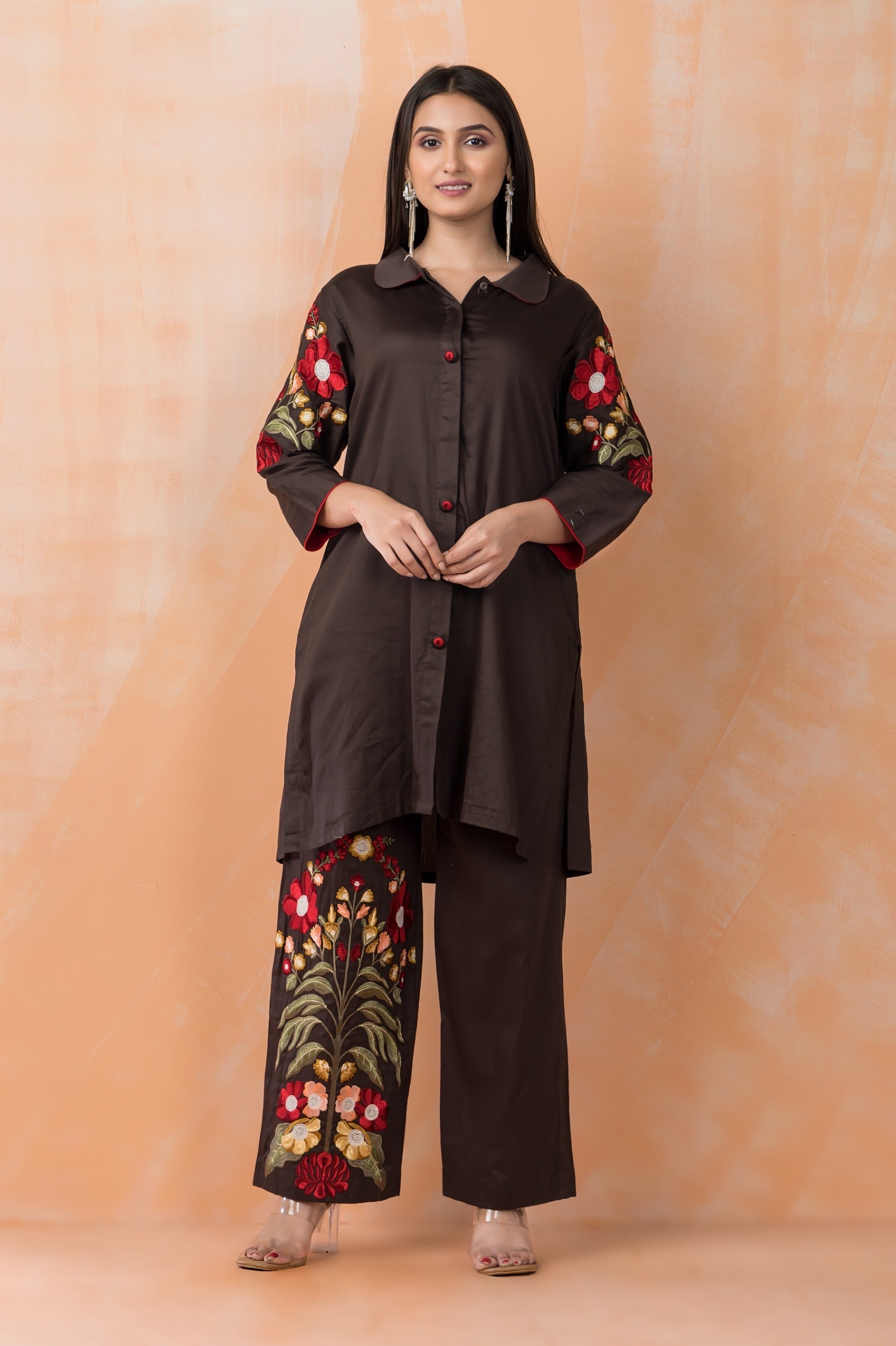 Brown Hand Embroidered Cotton Satin Silk Co-Ord Set