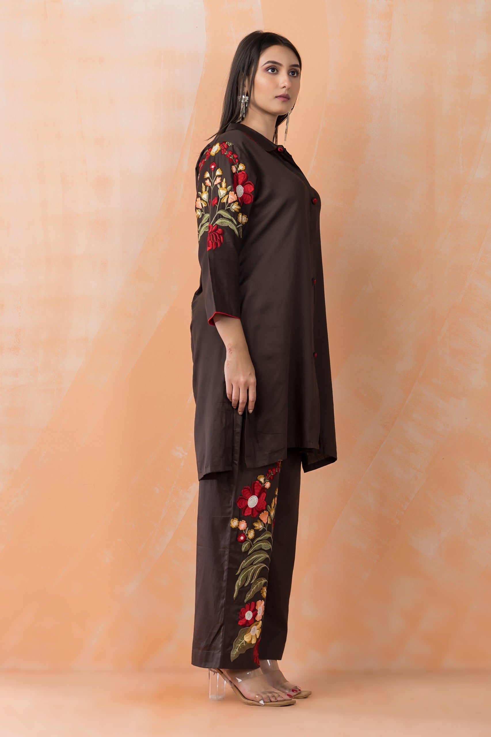 Brown Hand Embroidered Cotton Satin Silk Co-Ord Set