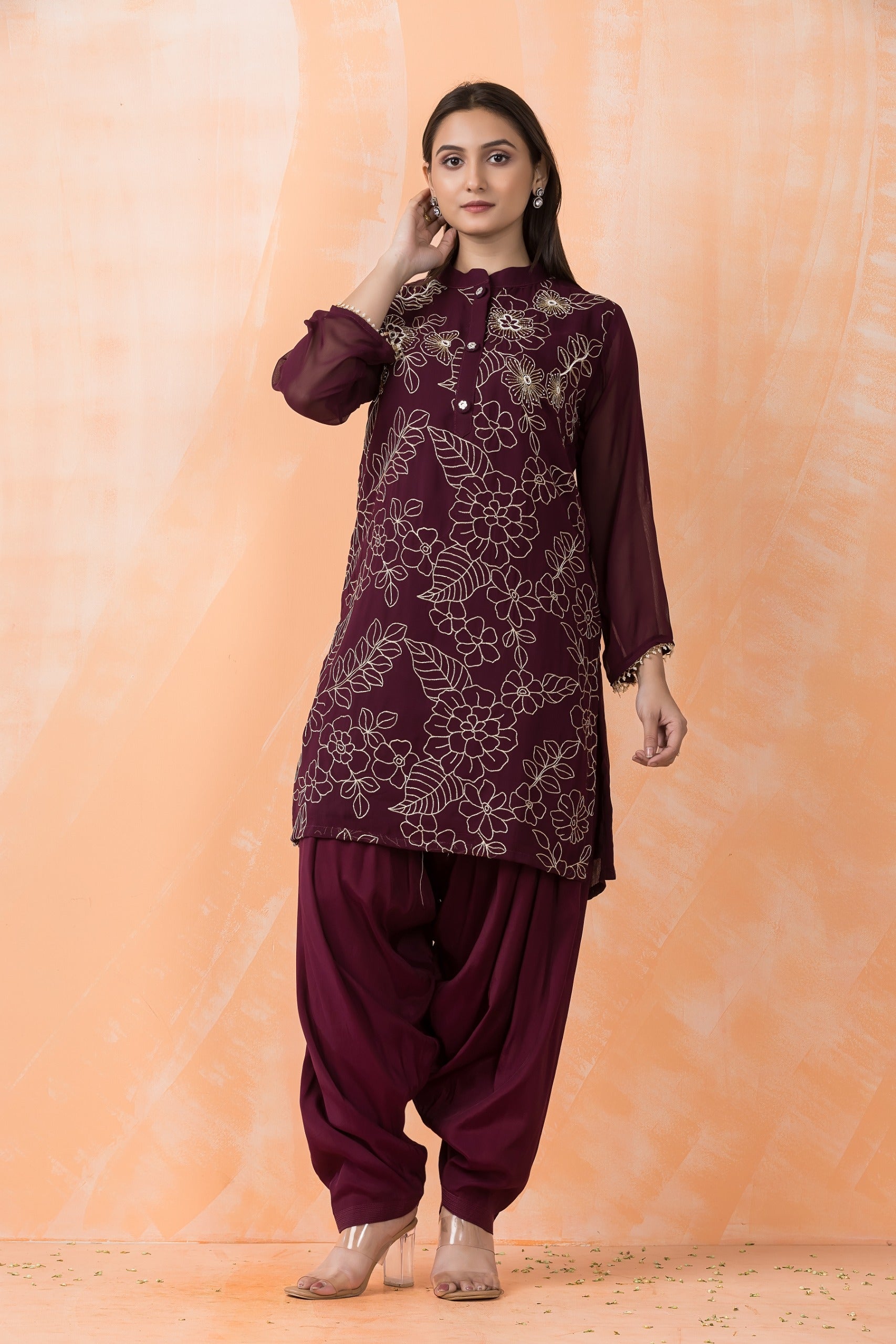 Wine Embroidered Georgette Silk Kurta Dhoti Set