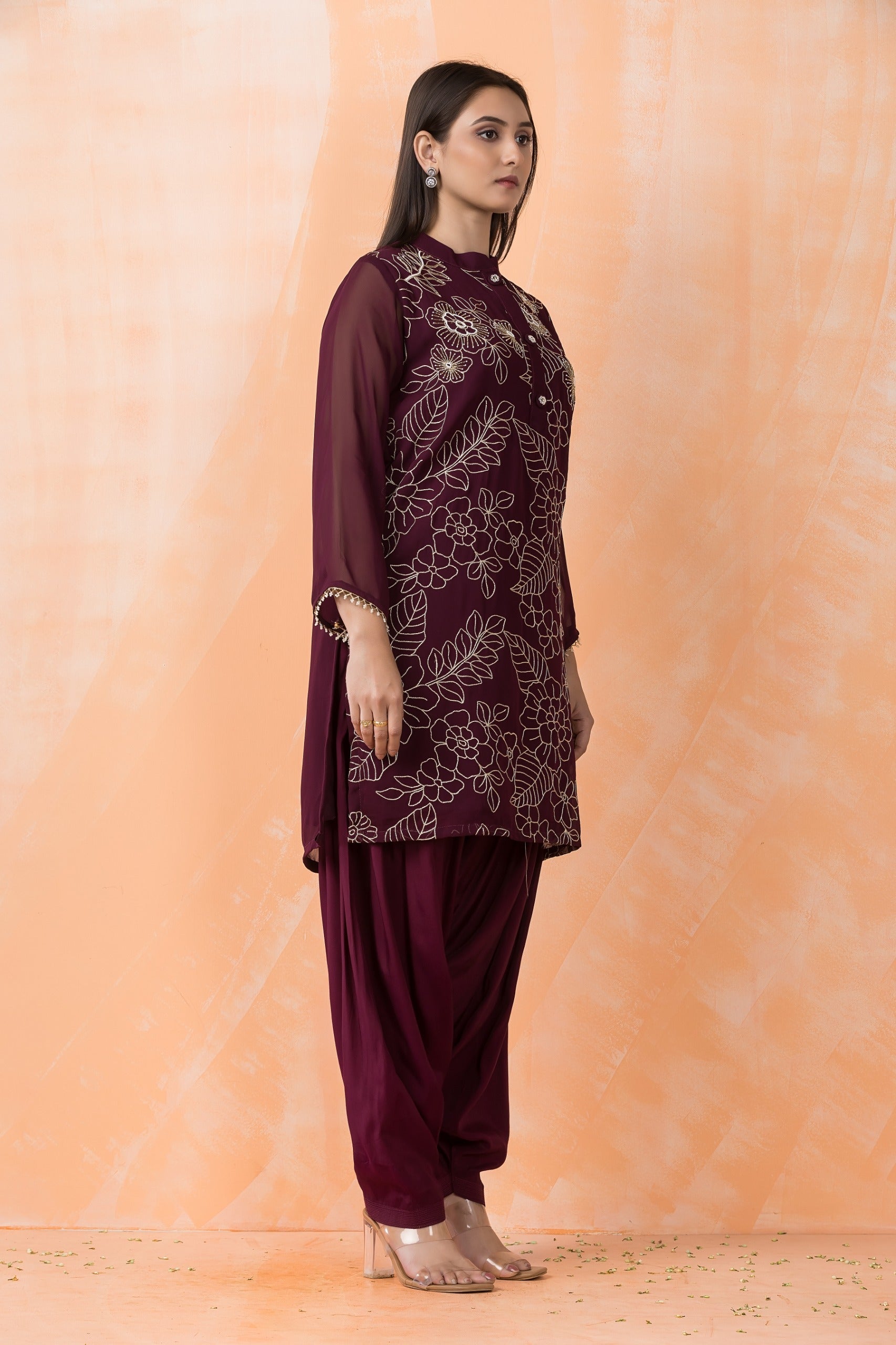 Wine Embroidered Georgette Silk Kurta Dhoti Set