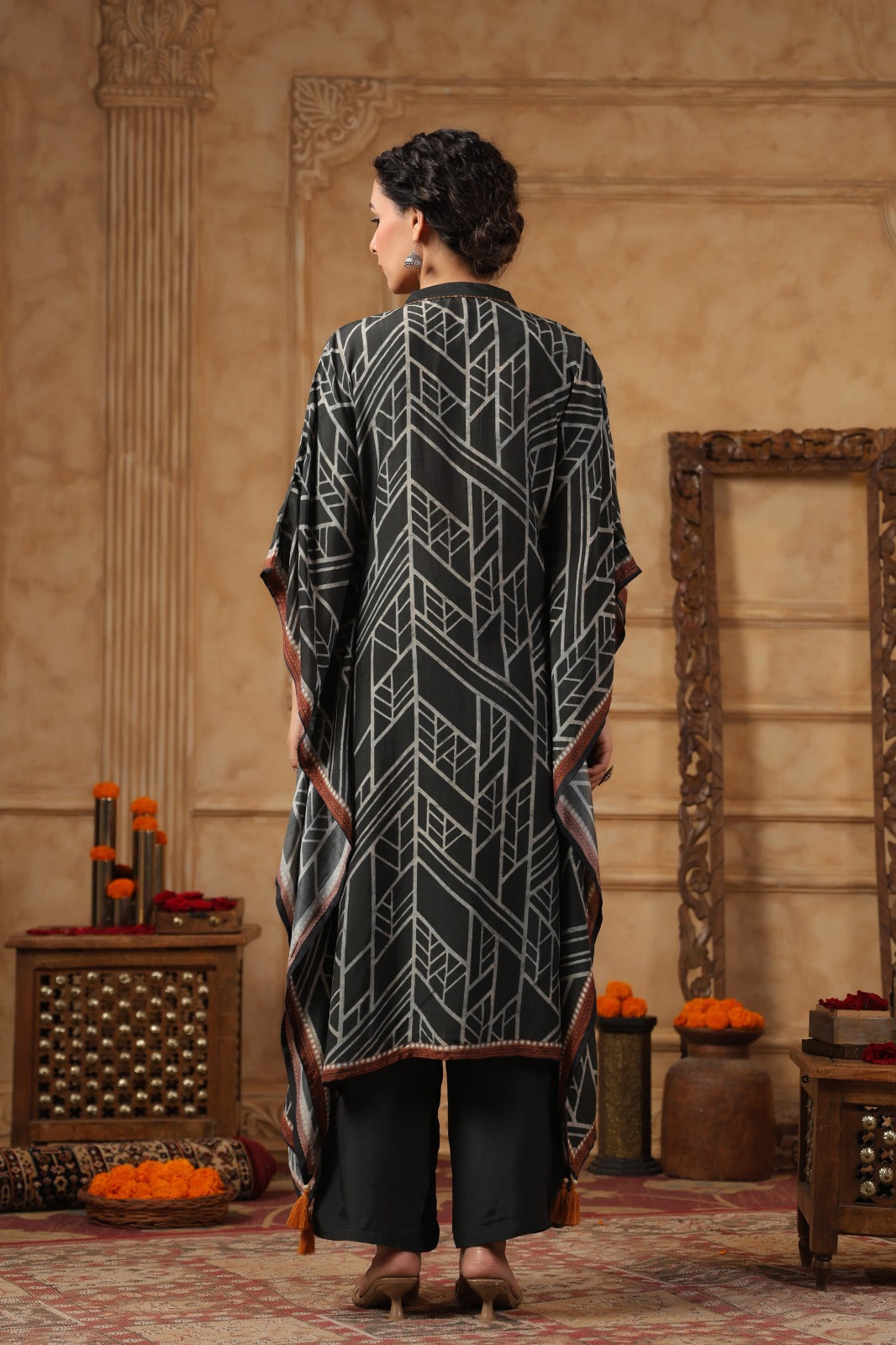 Slate Grey Digital Printed Muslin Silk Kaftan Set