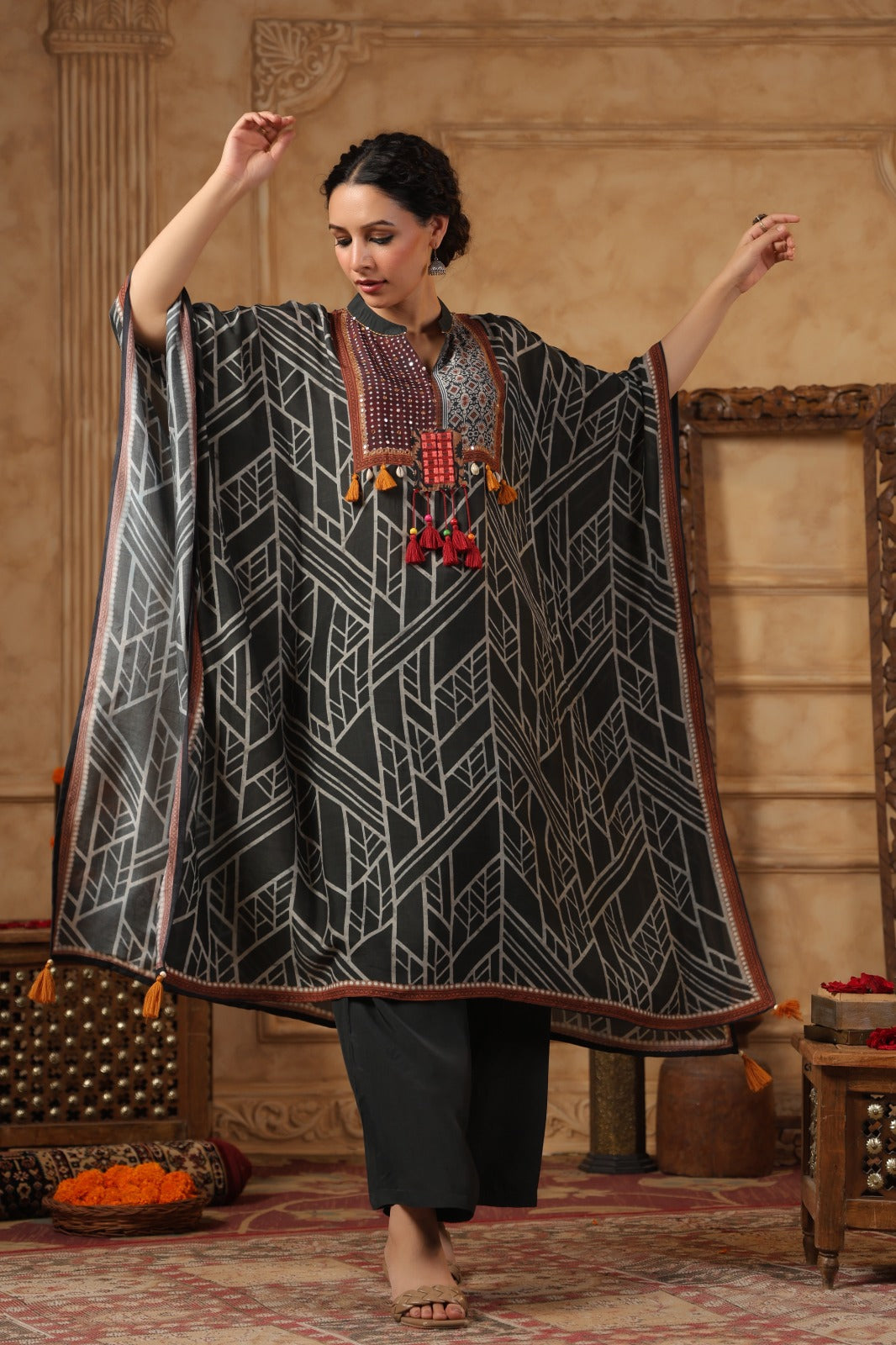 Slate Grey Digital Printed Muslin Silk Kaftan Set