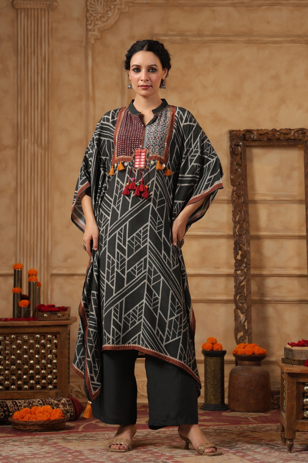 Slate Grey Digital Printed Muslin Silk Kaftan Set