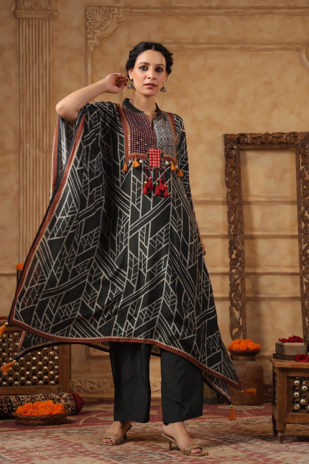 Slate Grey Digital Printed Muslin Silk Kaftan Set