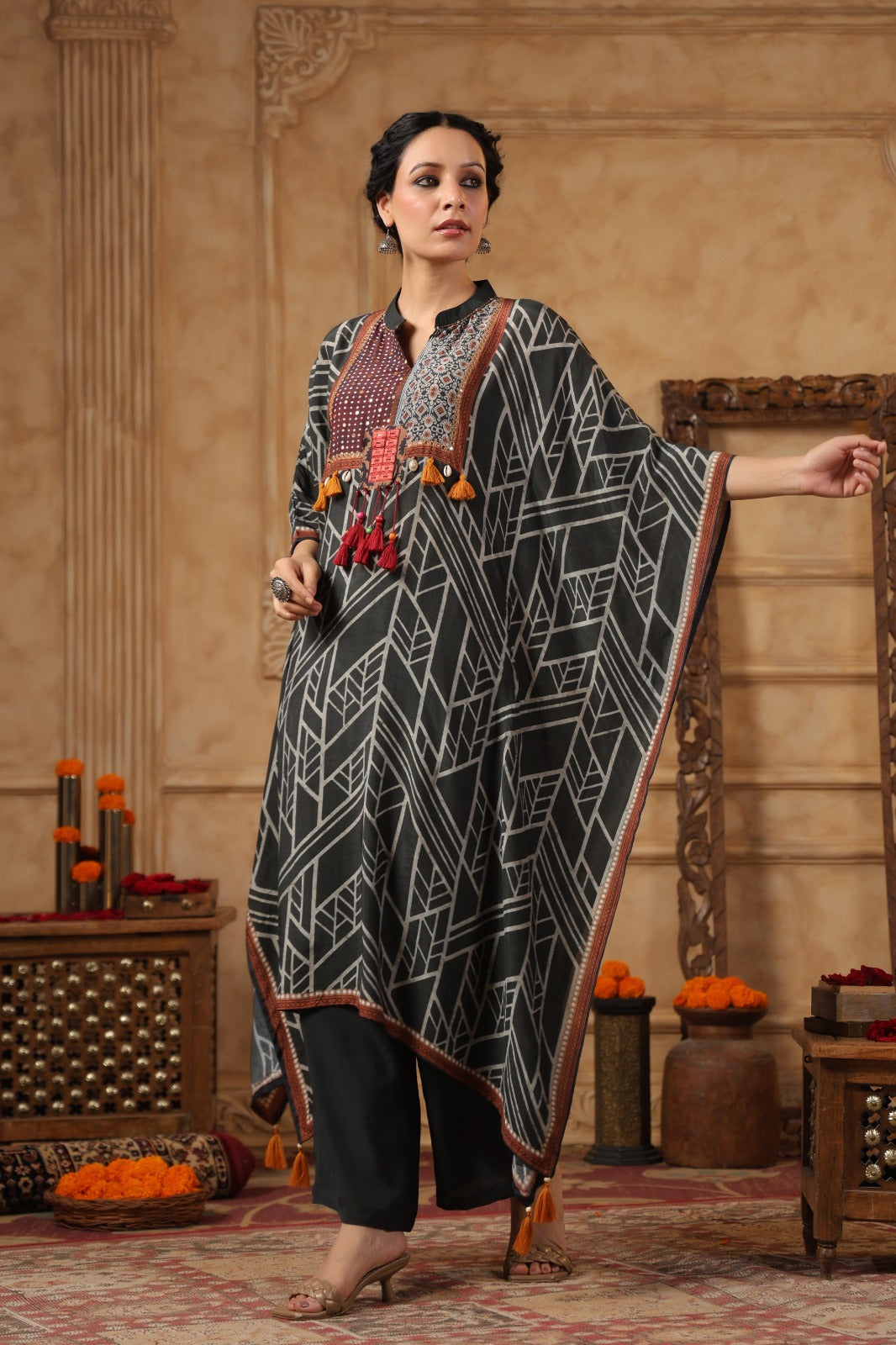 Slate Grey Digital Printed Muslin Silk Kaftan Set