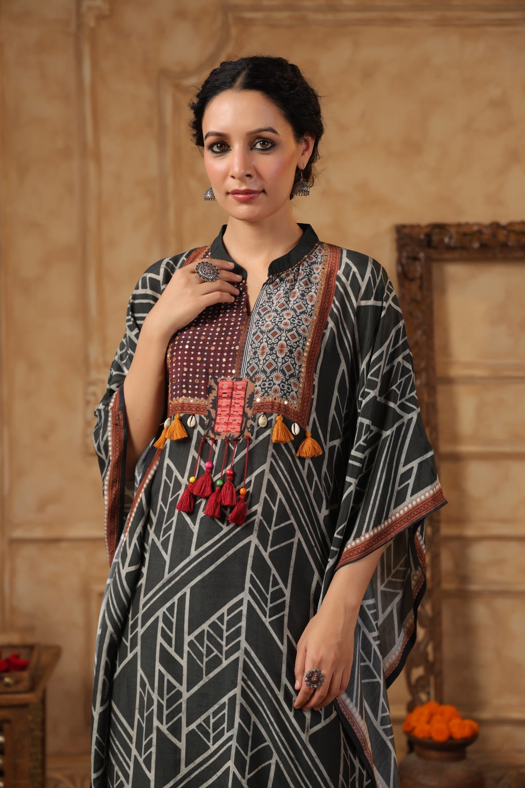 Slate Grey Digital Printed Muslin Silk Kaftan Set