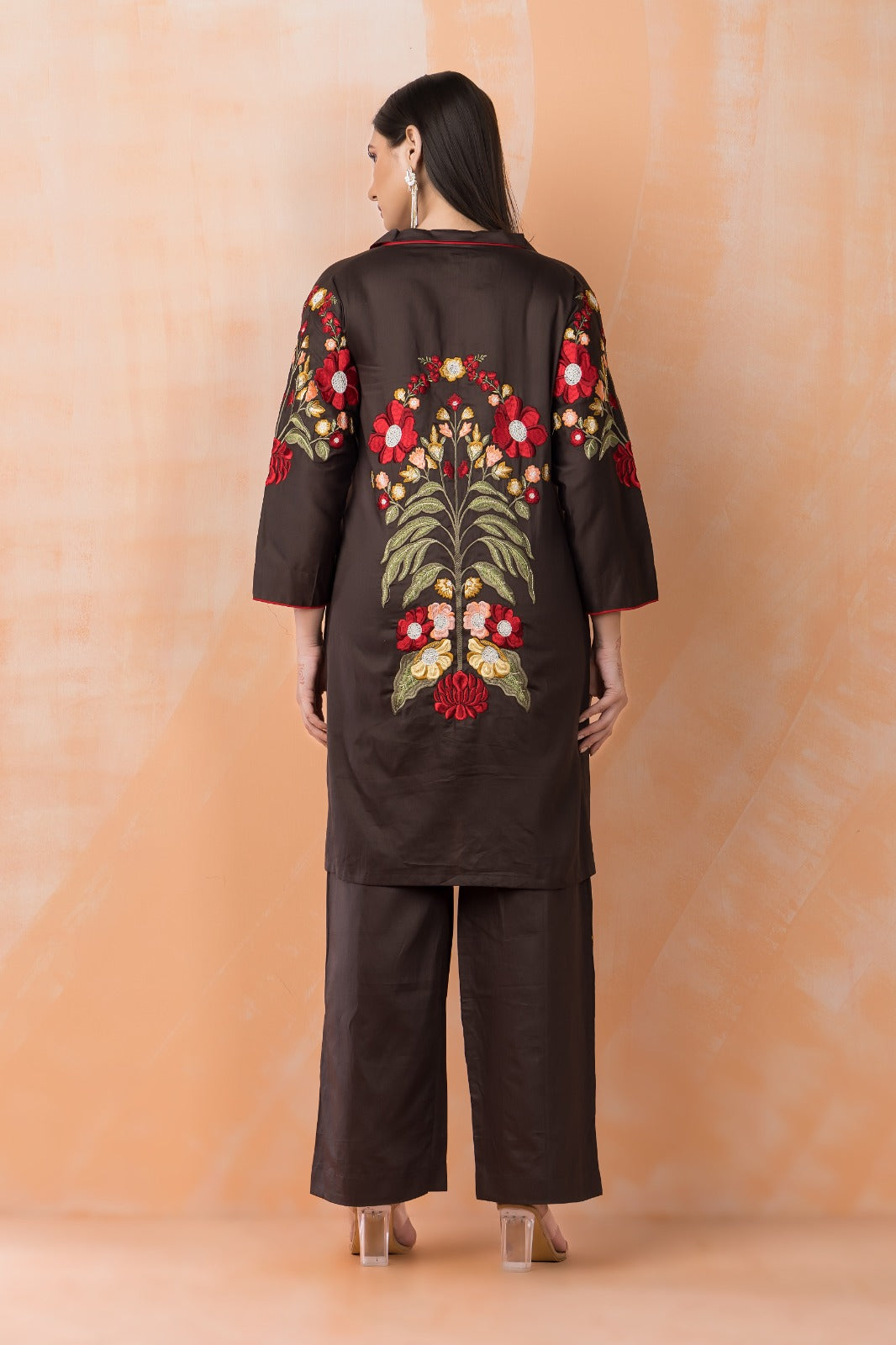 Brown Embroidered Cotton Satin Co-Ord Set