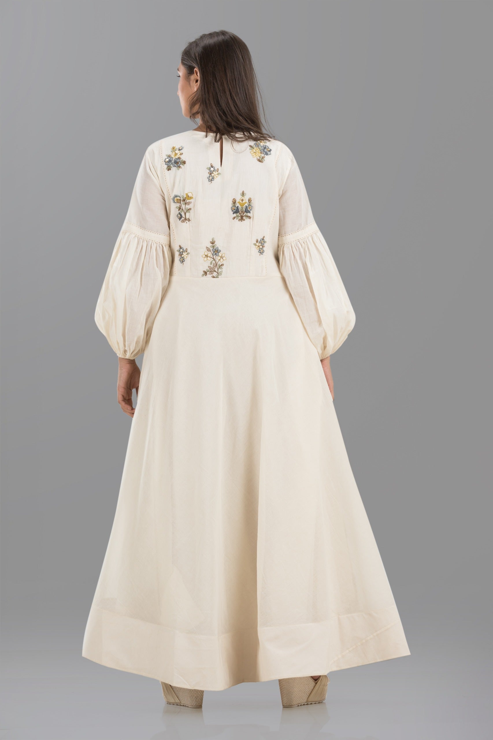 Cream Floral Printed Mul-Cotton Silk Dress
