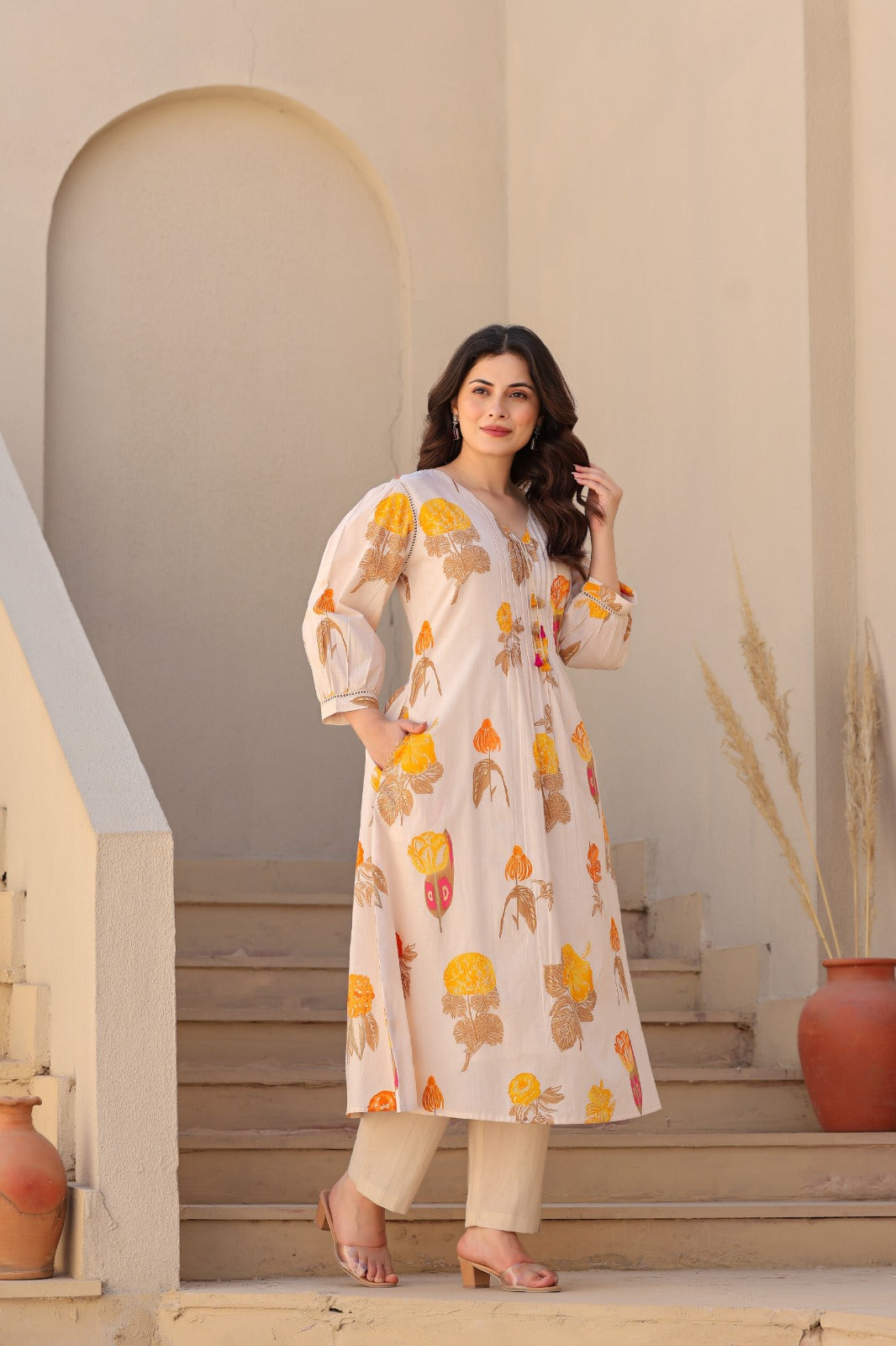 Soothing Cream Floral Printed Kurta & Pant Set