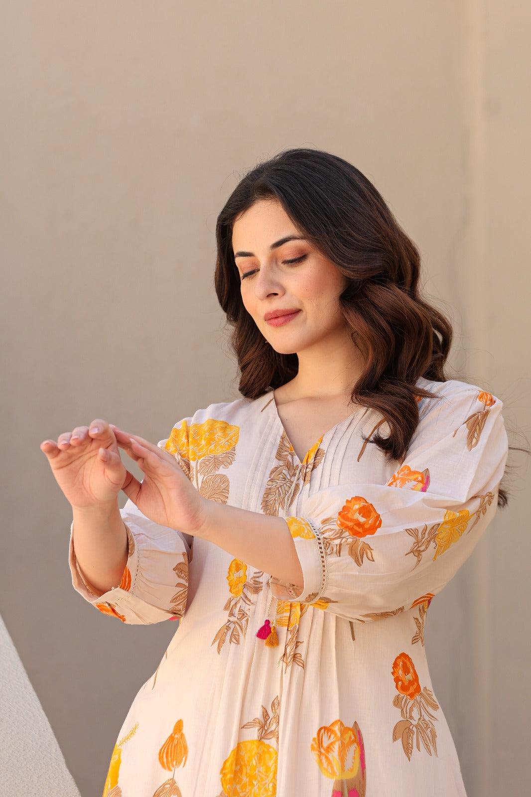 Soothing Cream Floral Printed Kurta & Pant Set