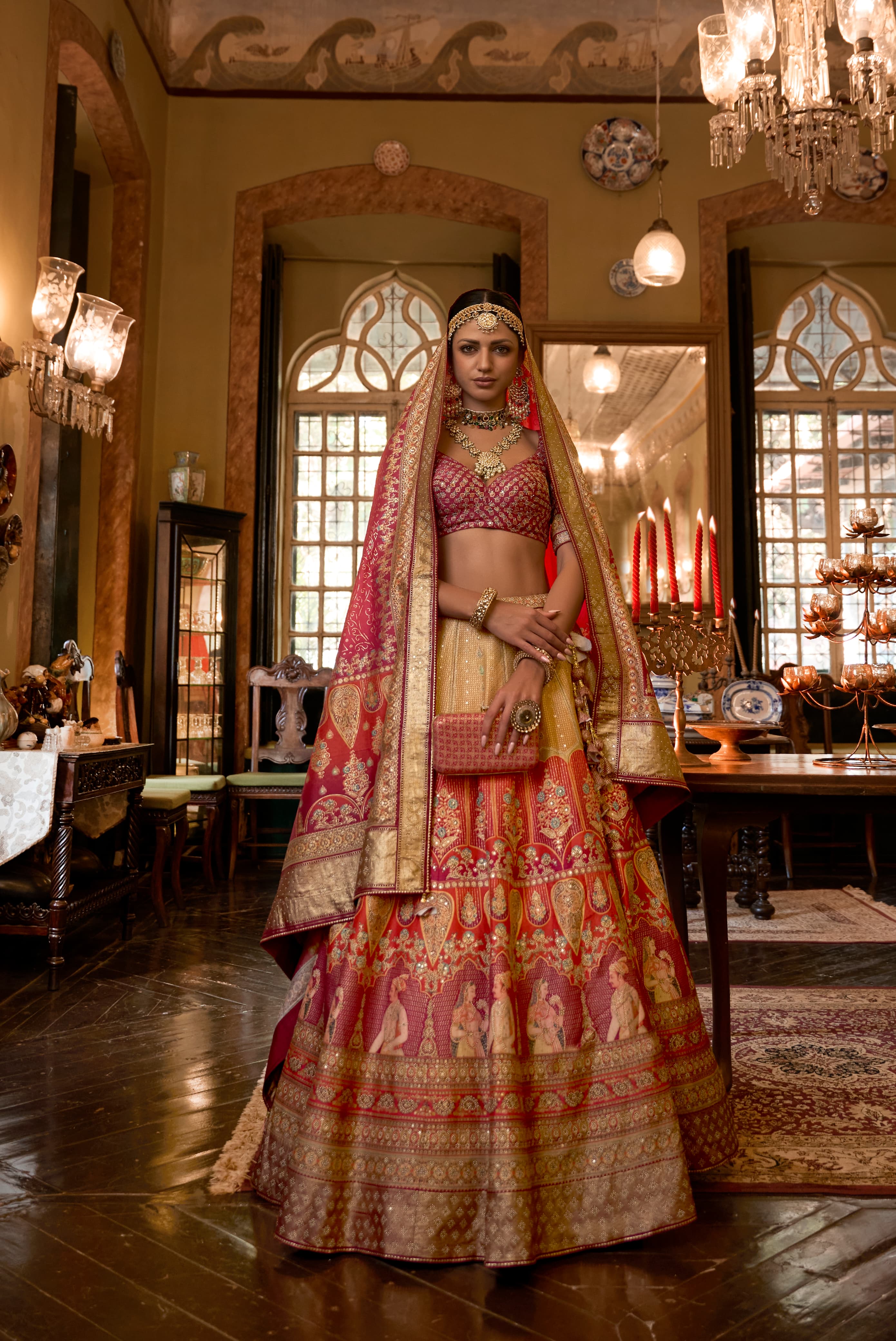 Classic Red Multi Color Embroidered Premium Silk Lehenga Set