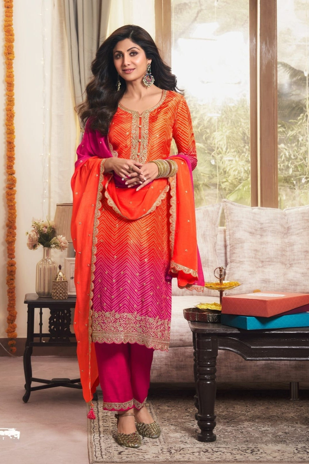 Orange Bandhej Ombre Pants Set