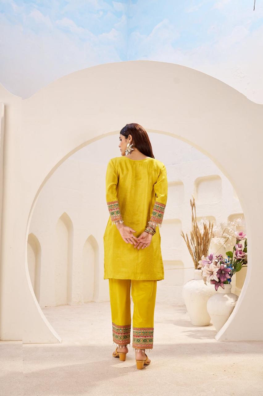 Bright Yellow Jacquard Tissue Silk Co-Ord Set