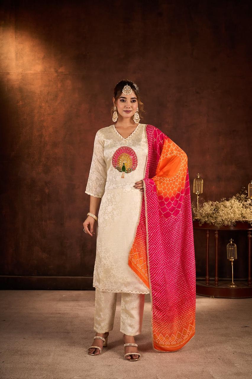 Cream Embellished Tissue Jacquard Silk Pant Set