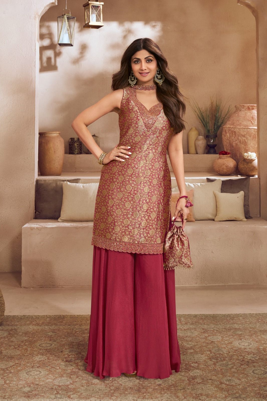 Red Embroidered Banarasi Brocade Palazzo Set