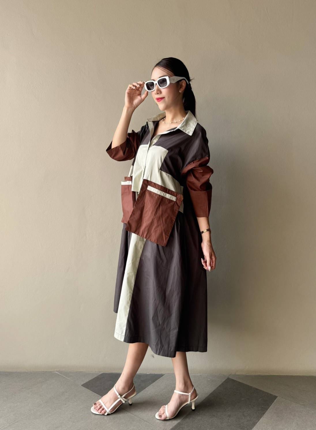 Off White Vertical Panel Color Blocking Tunic Dress