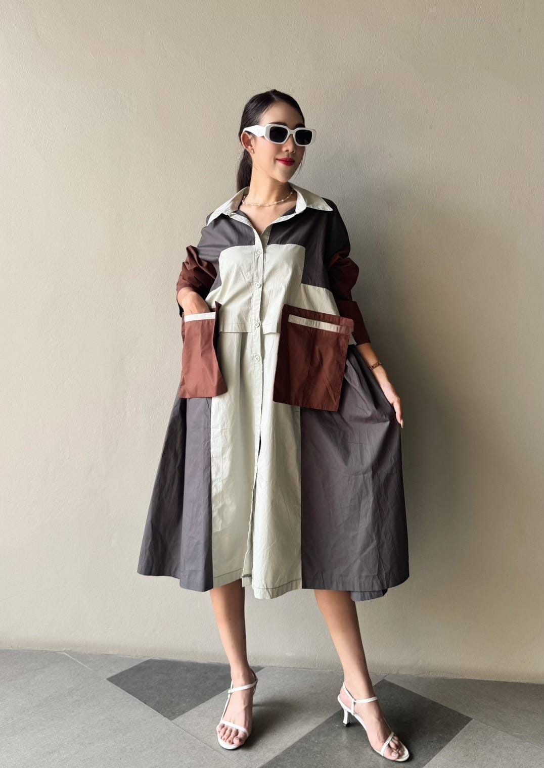 Off White Vertical Panel Color Blocking Tunic Dress