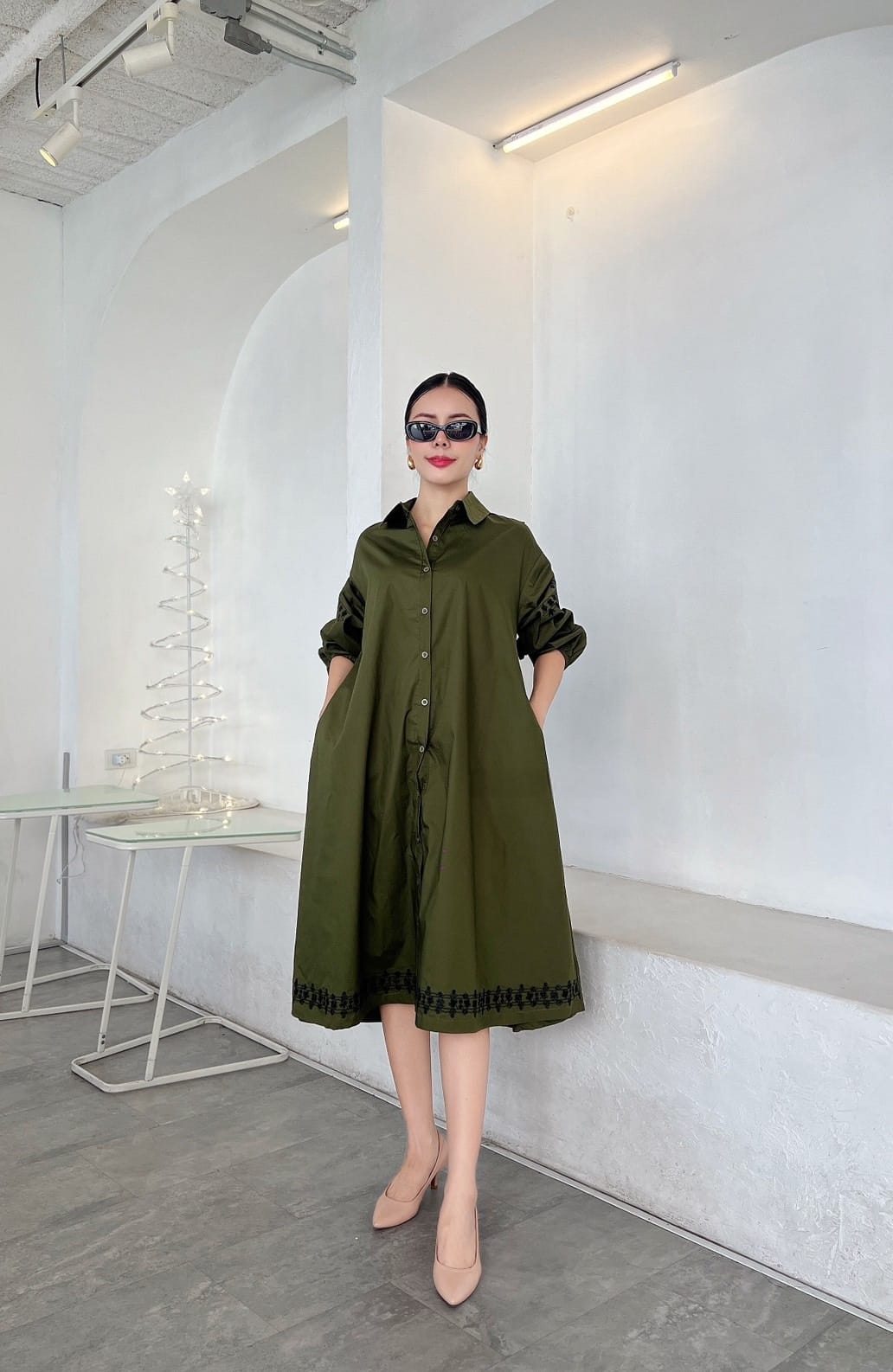 Olive Green Cotton Poplin Tunic Dress