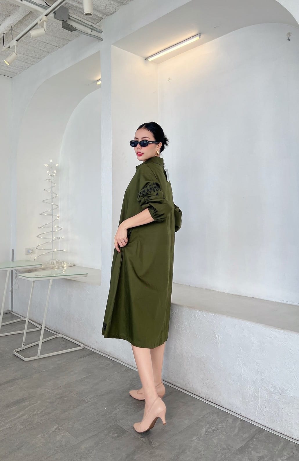 Olive Green Cotton Poplin Tunic Dress