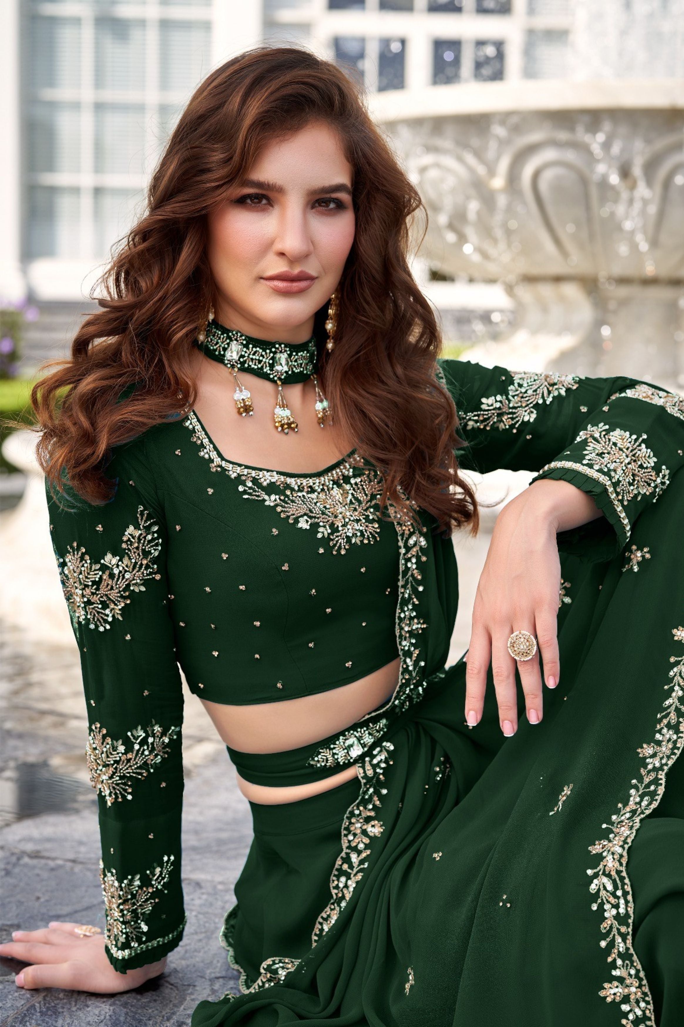 Bottle Green Embellished Georgette Lehenga Set