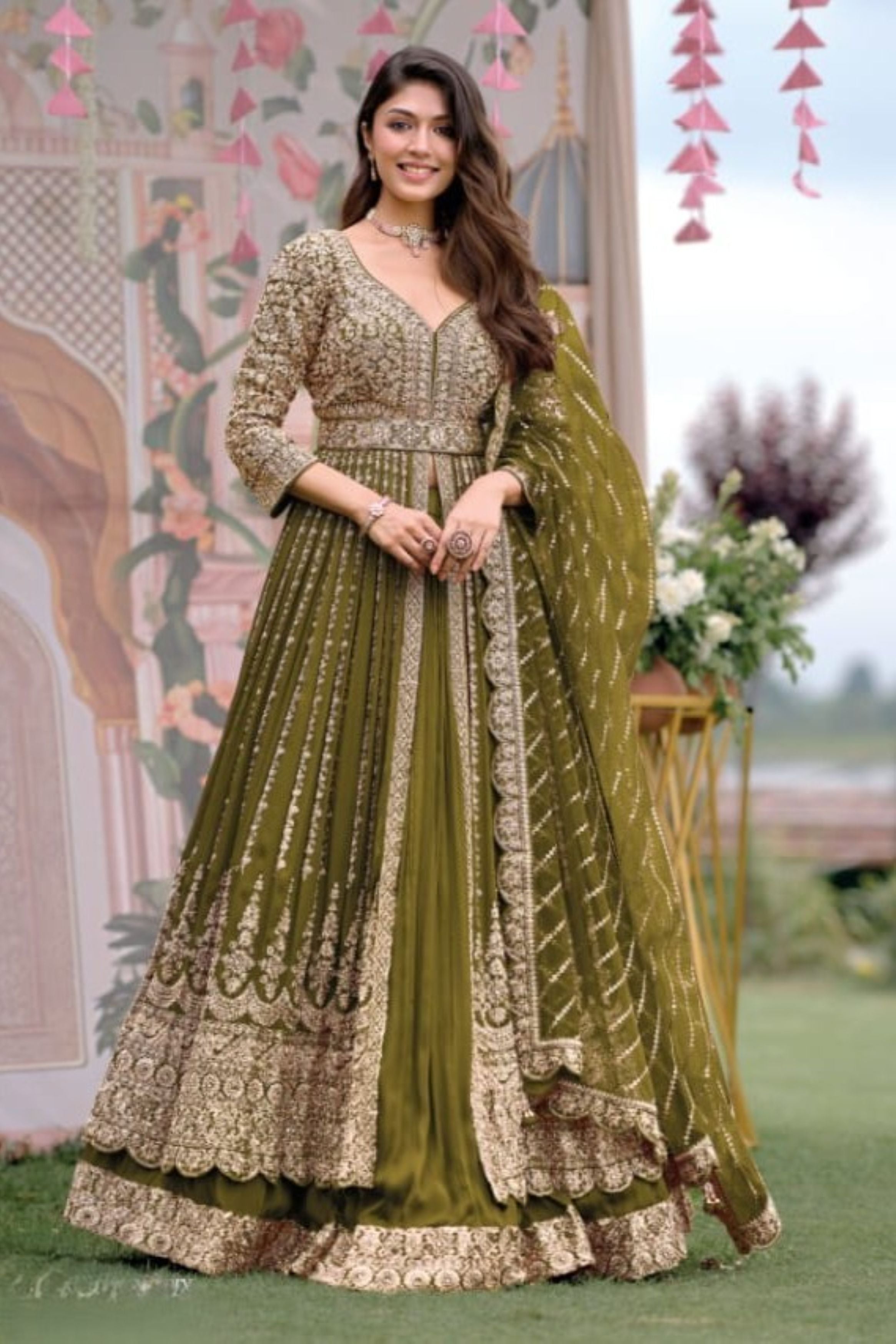 Olive Green Embellished Premium Silk Anarkali Set