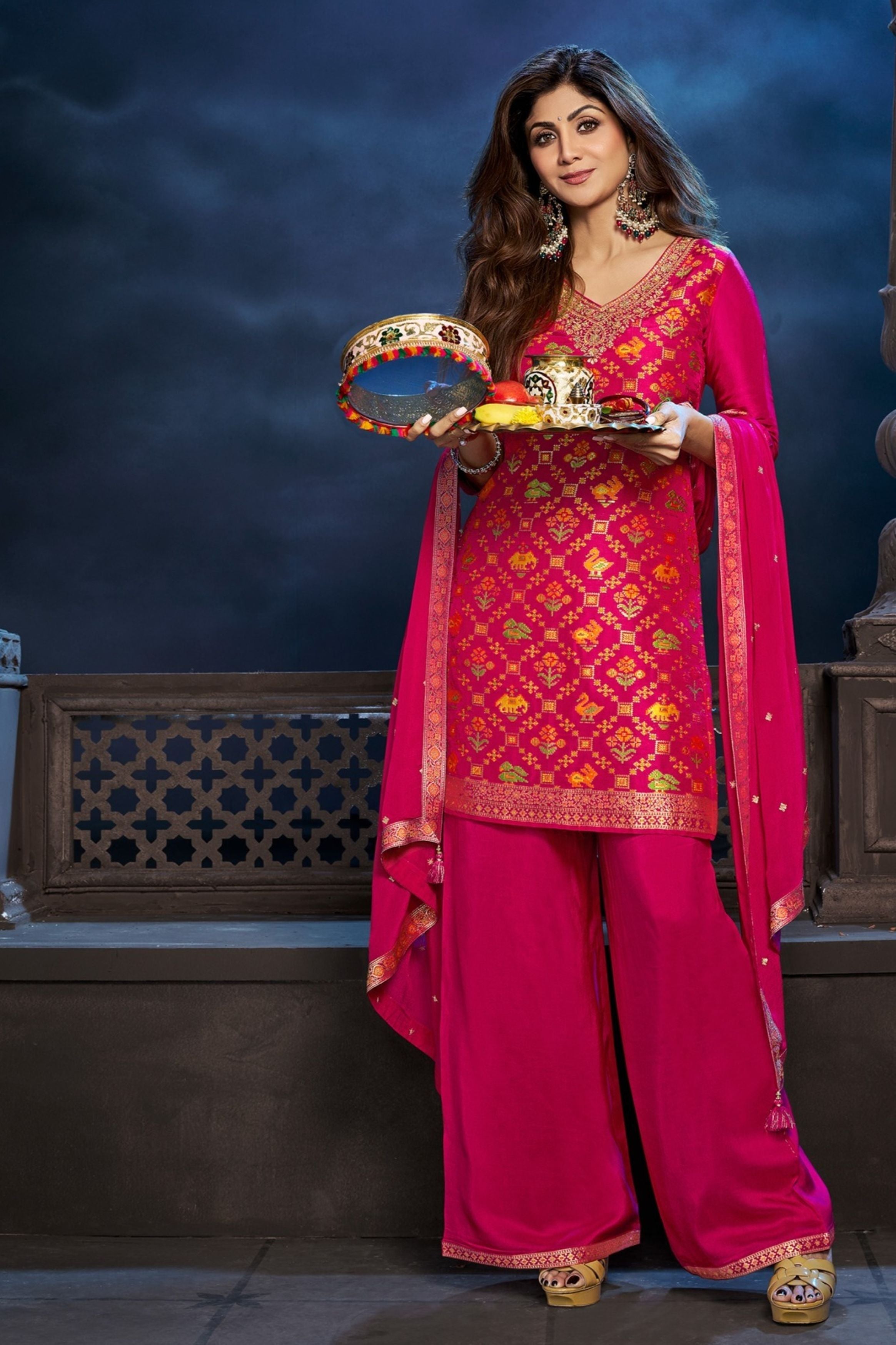 Pink Embellished Premium Silk Sharara Set