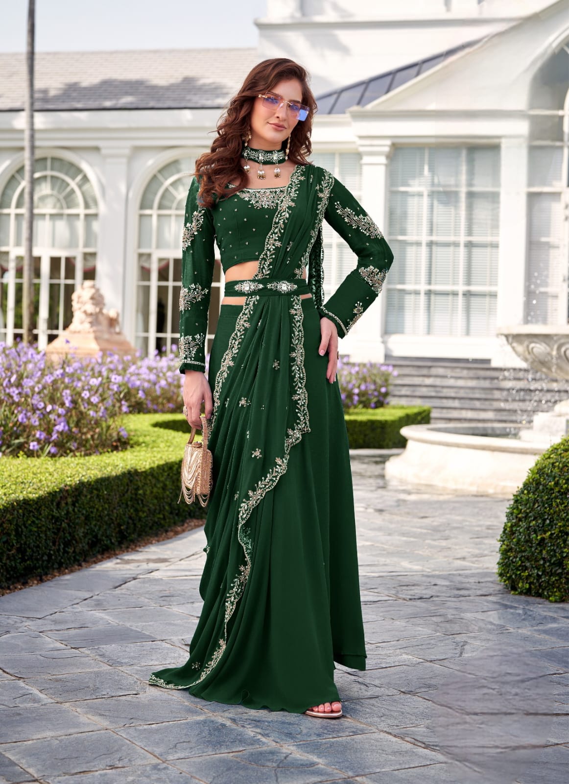 Bottle Green Embellished Saree-Style Skirt Set Bottle Green Embellished Saree-Style Skirt Set