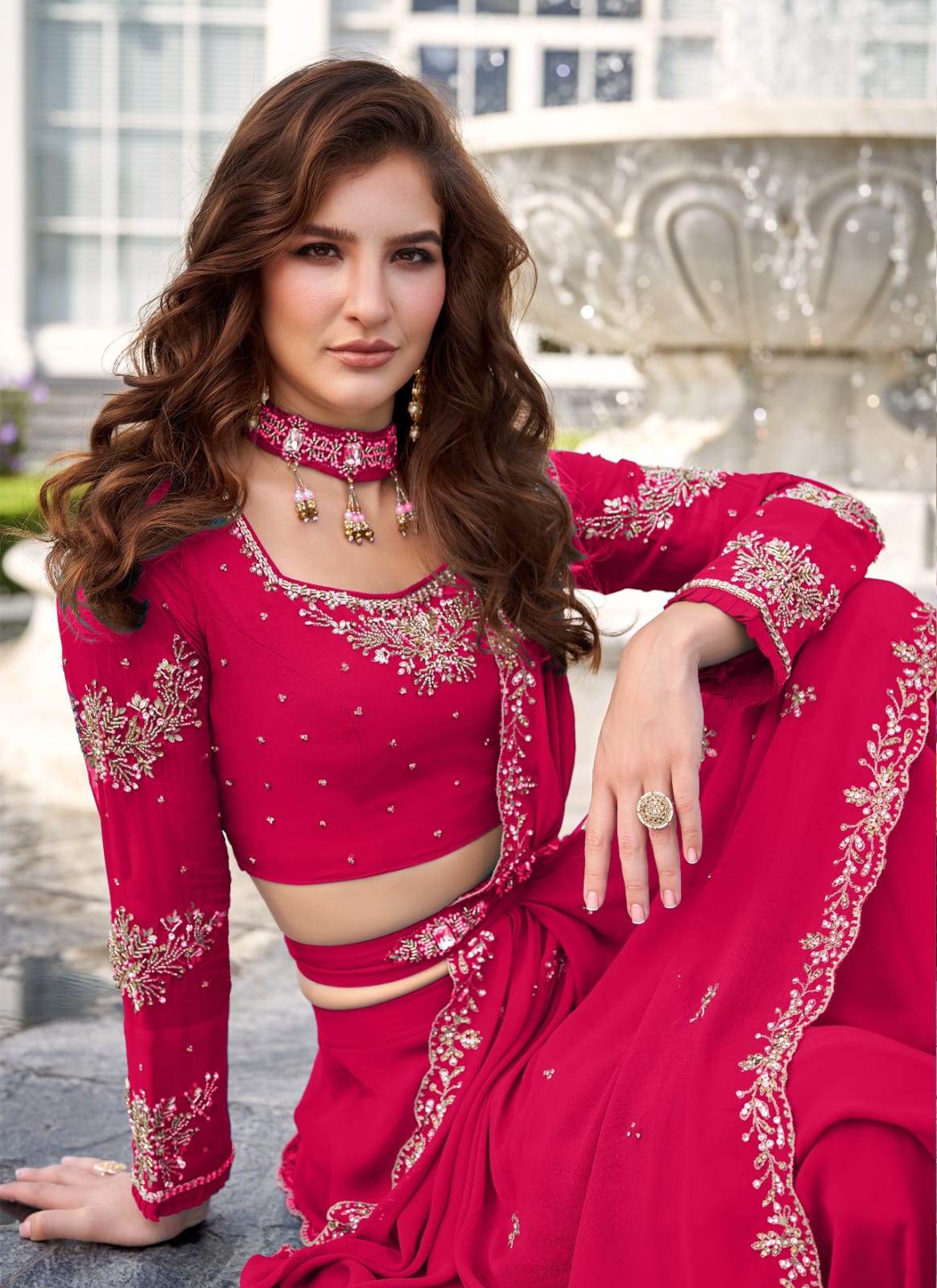 Rani Pink Embellished Georgette Lehenga Set