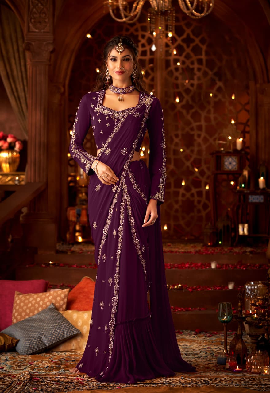 Deep Purple Embellished Georgette Skirt Set