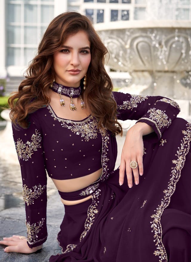 Dark Purple Embellished Georgette Lehenga Set