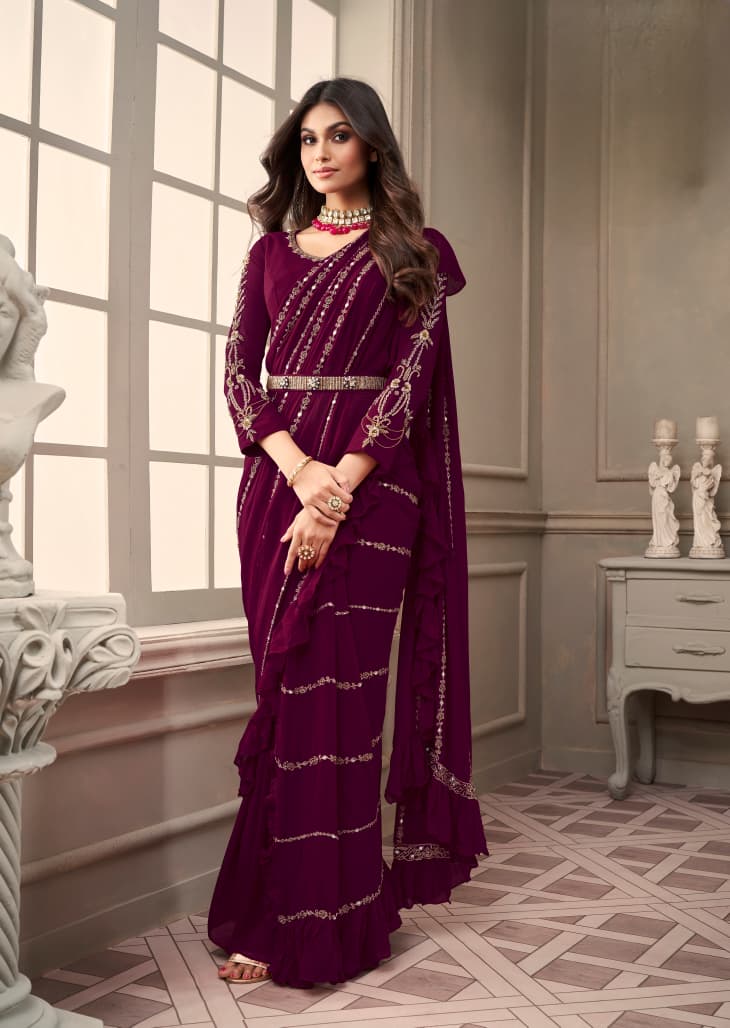 Deep Wine Embellished Georgette Silk Saree