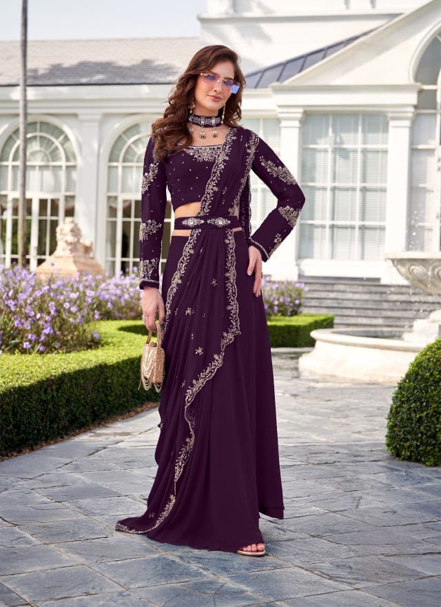 Dark Purple Embellished Georgette Lehenga Set