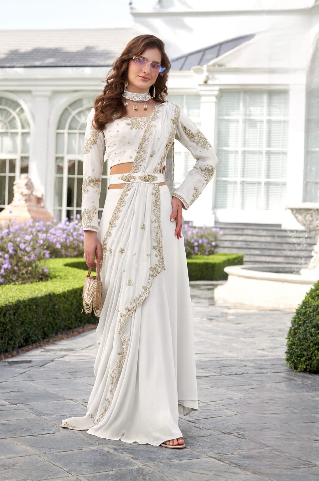 Deep White Embellished Georgette Skirt Set