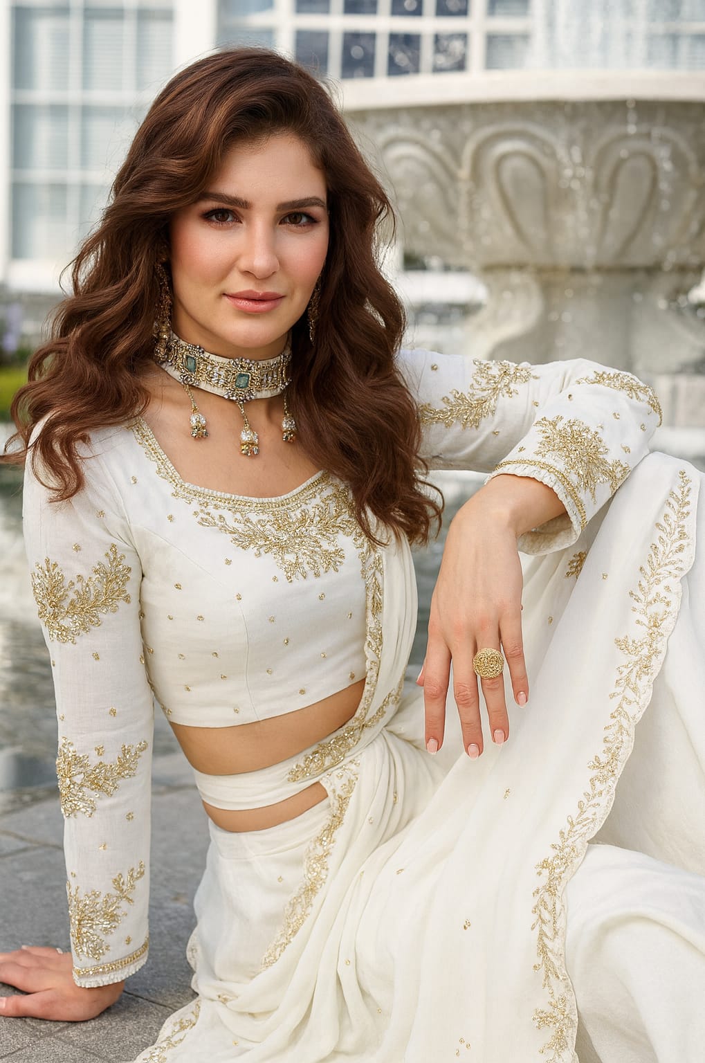 Deep White Embellished Georgette Skirt Set