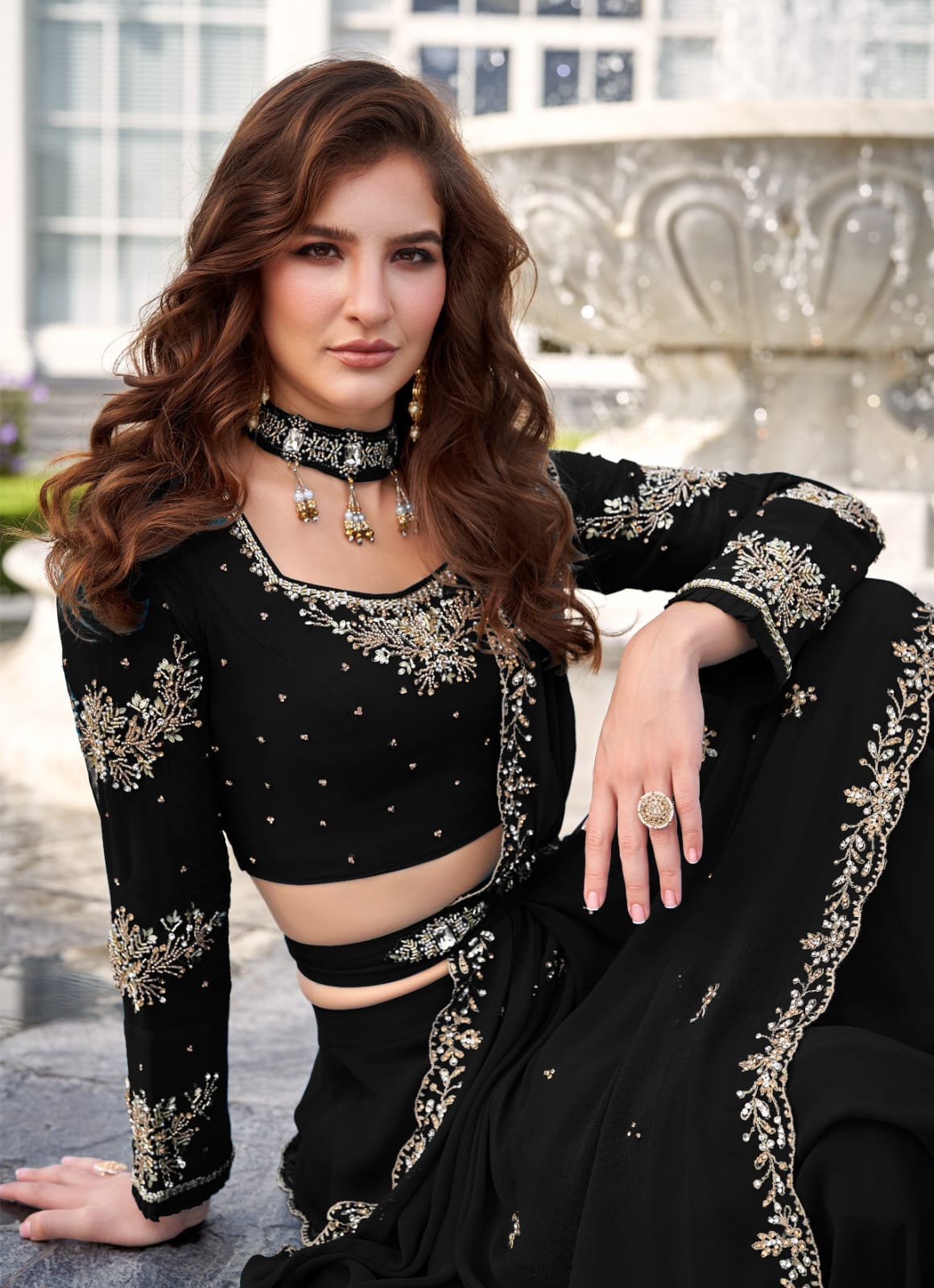 Deep Black Embellished Georgette Skirt Set