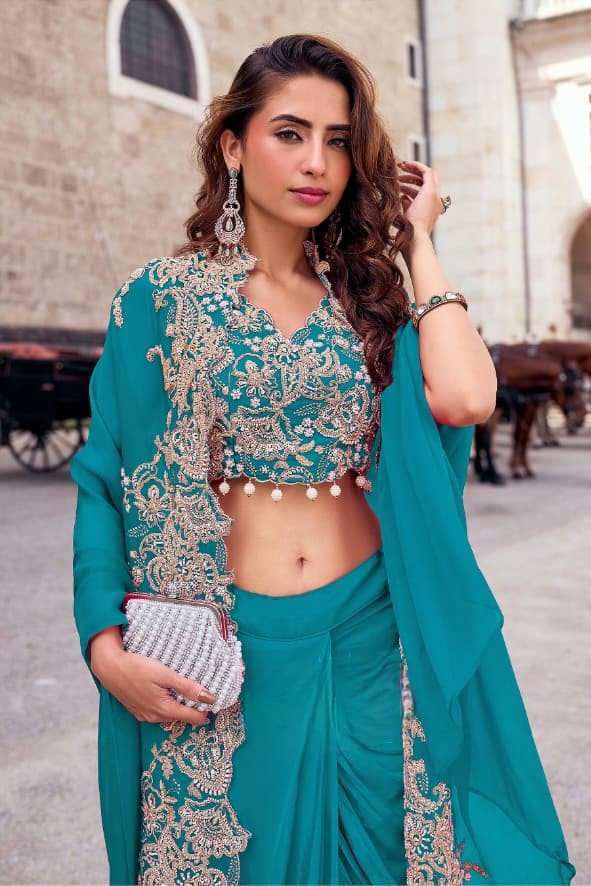 Jade Blue Embellished Crepe Silk Cape Set