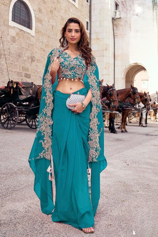 Jade Blue Embellished Crepe Silk Cape Set