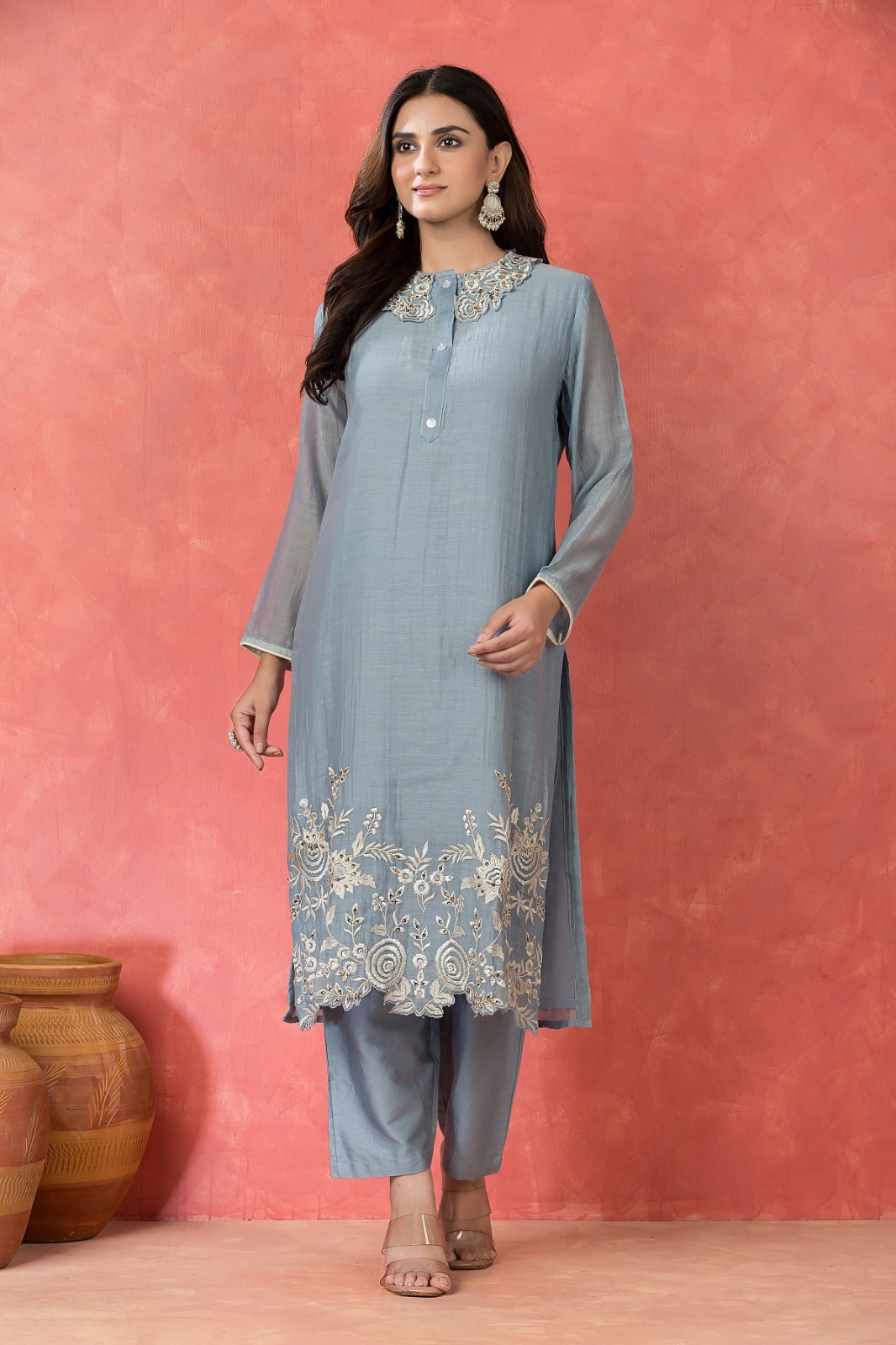 Dusty Blue Embroidered Mulchanderi Kurta Set