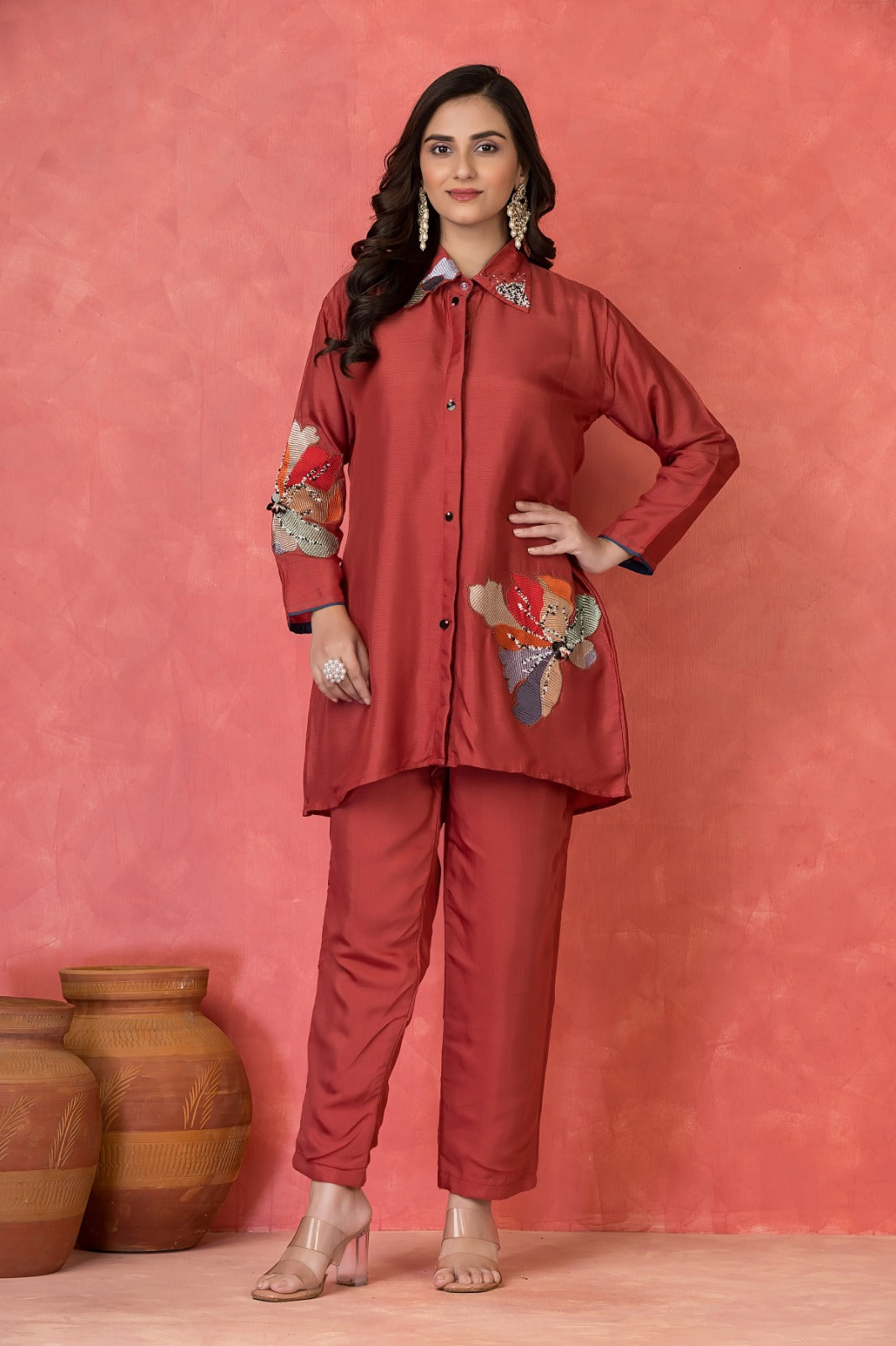 Rust Red  Embroidered Dola Silk Co-Ord Set