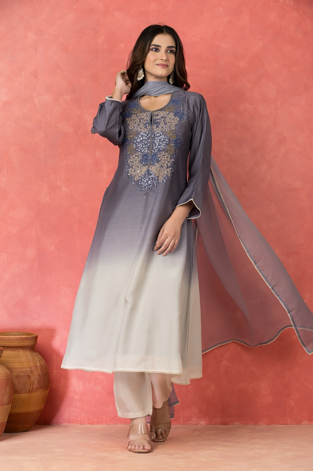 Steel Grey To Off-White Ombre Muslin Silk Pant Set