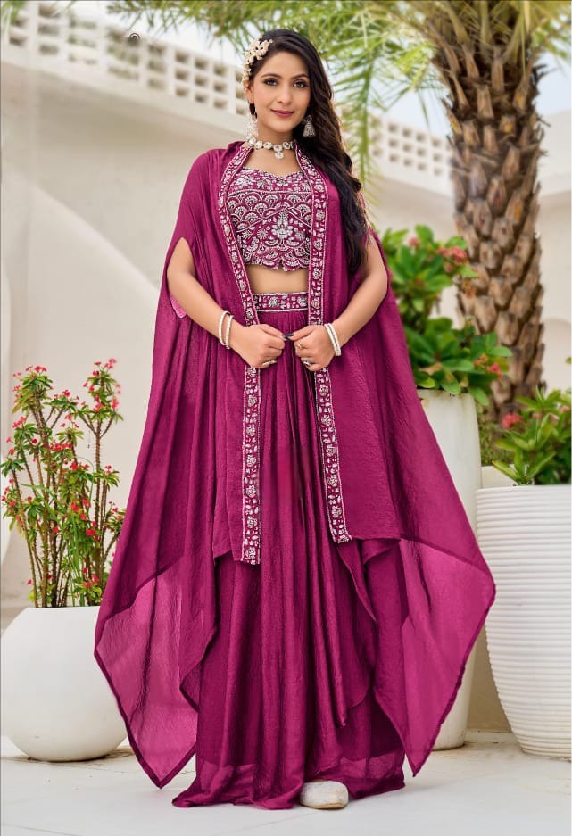 Fuchsia Pink Embellished Crushed Tissue Silk Cape Set