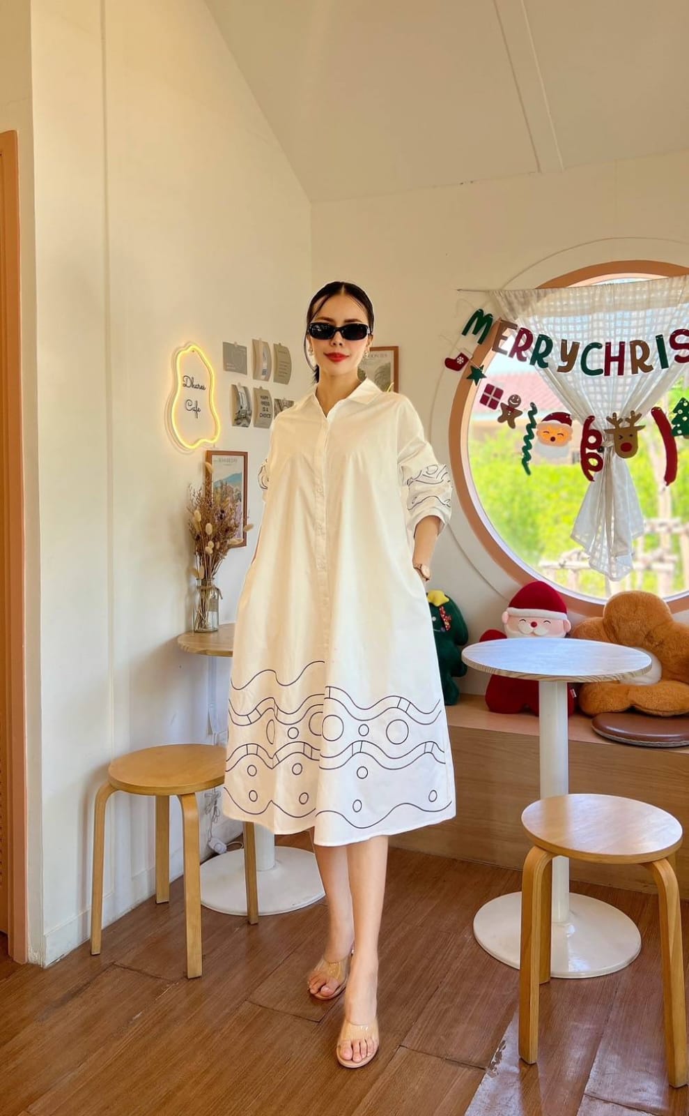 Off-White Geometric Embroidery Cotton Tunic Dress