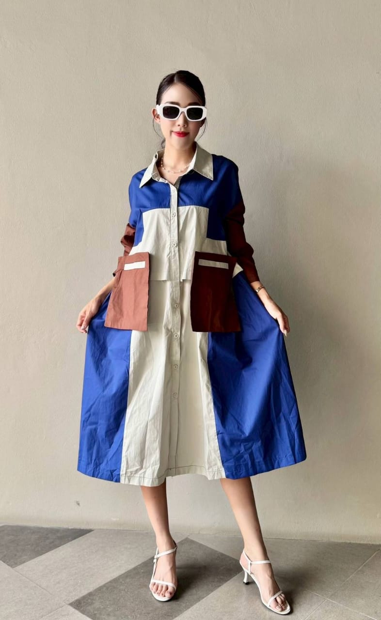Royal Blue Vertical Panel Color Blocking Tunic Dress