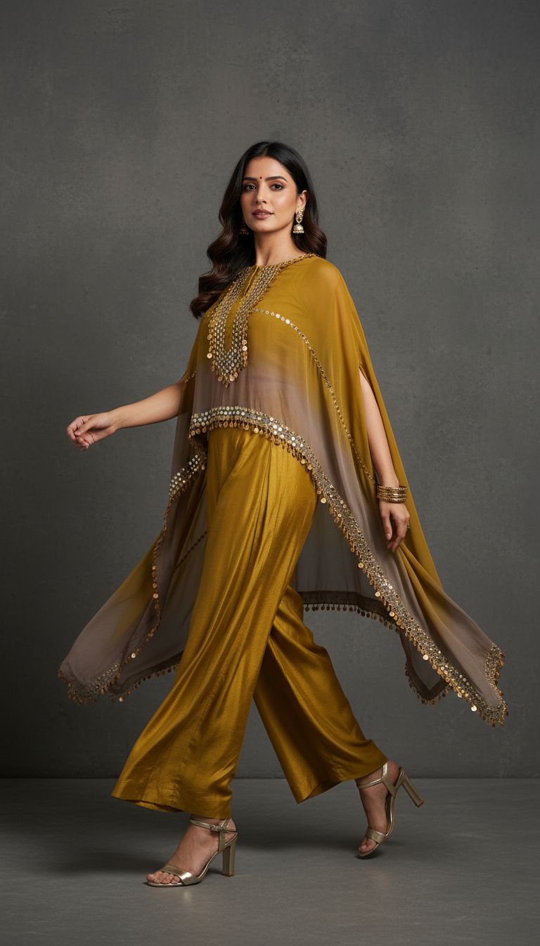Mustard Yellow Ombre Embellished Raw Silk Cape Set