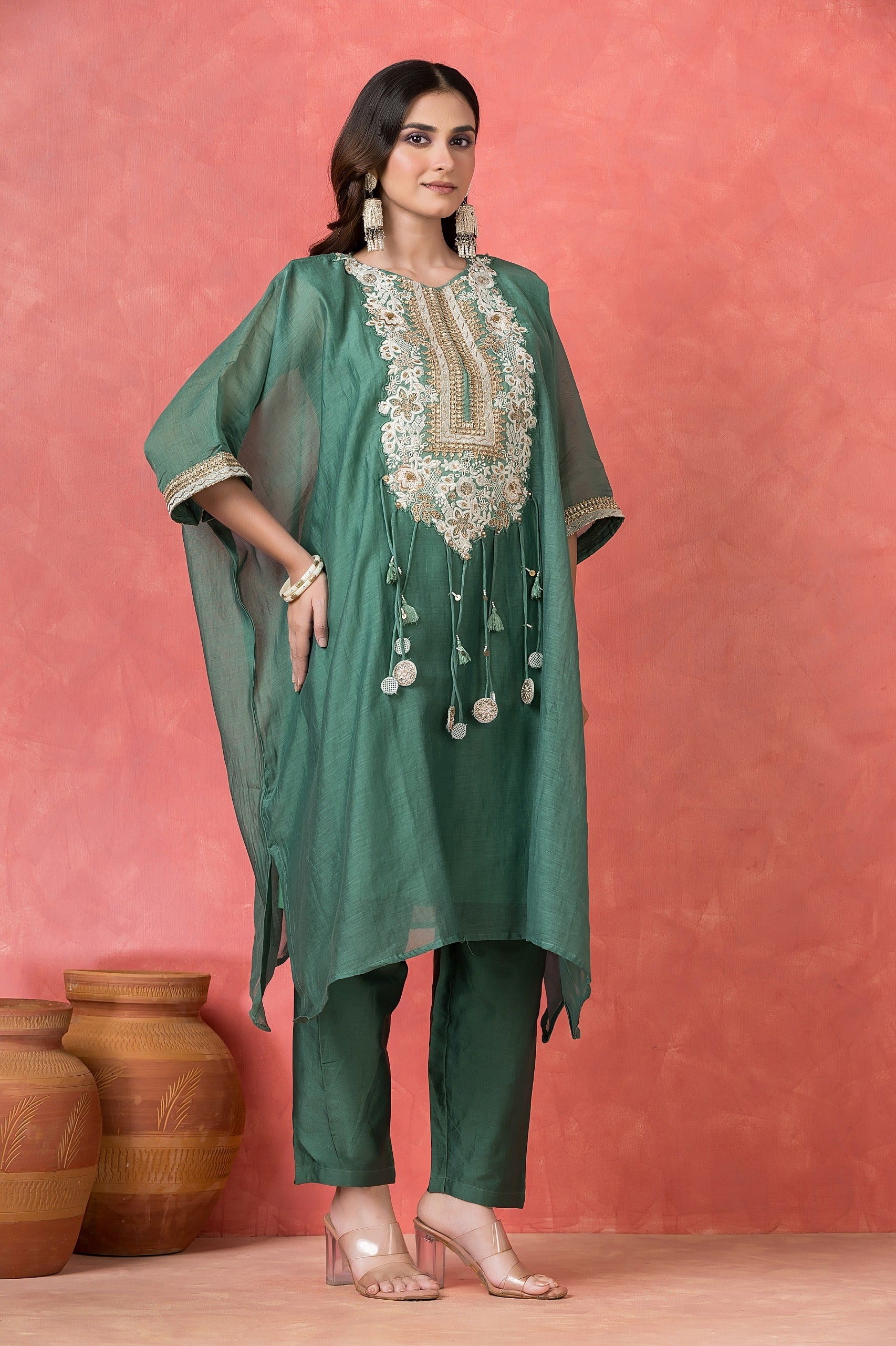 Deep Jade Embellished Mul-Chanderi Kaftan Set