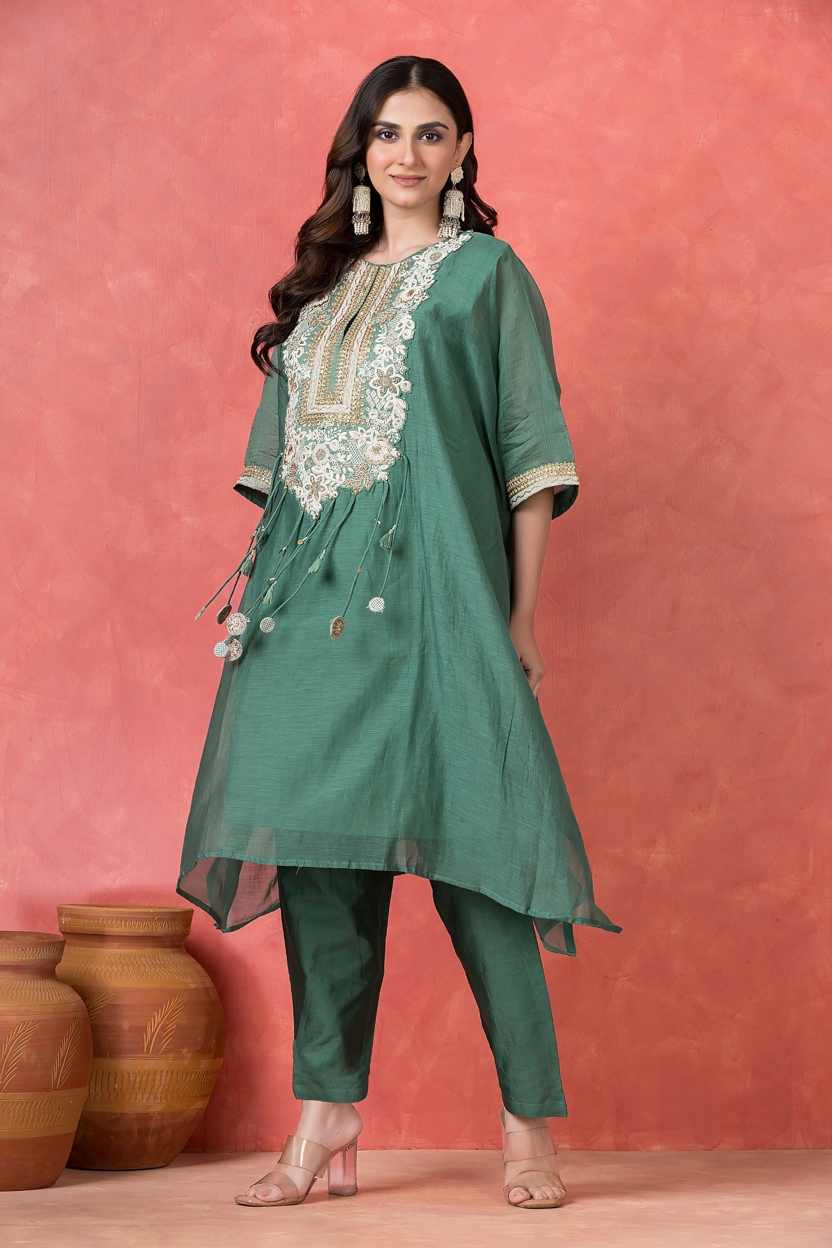 Deep Jade Embellished Mul-Chanderi Kaftan Set
