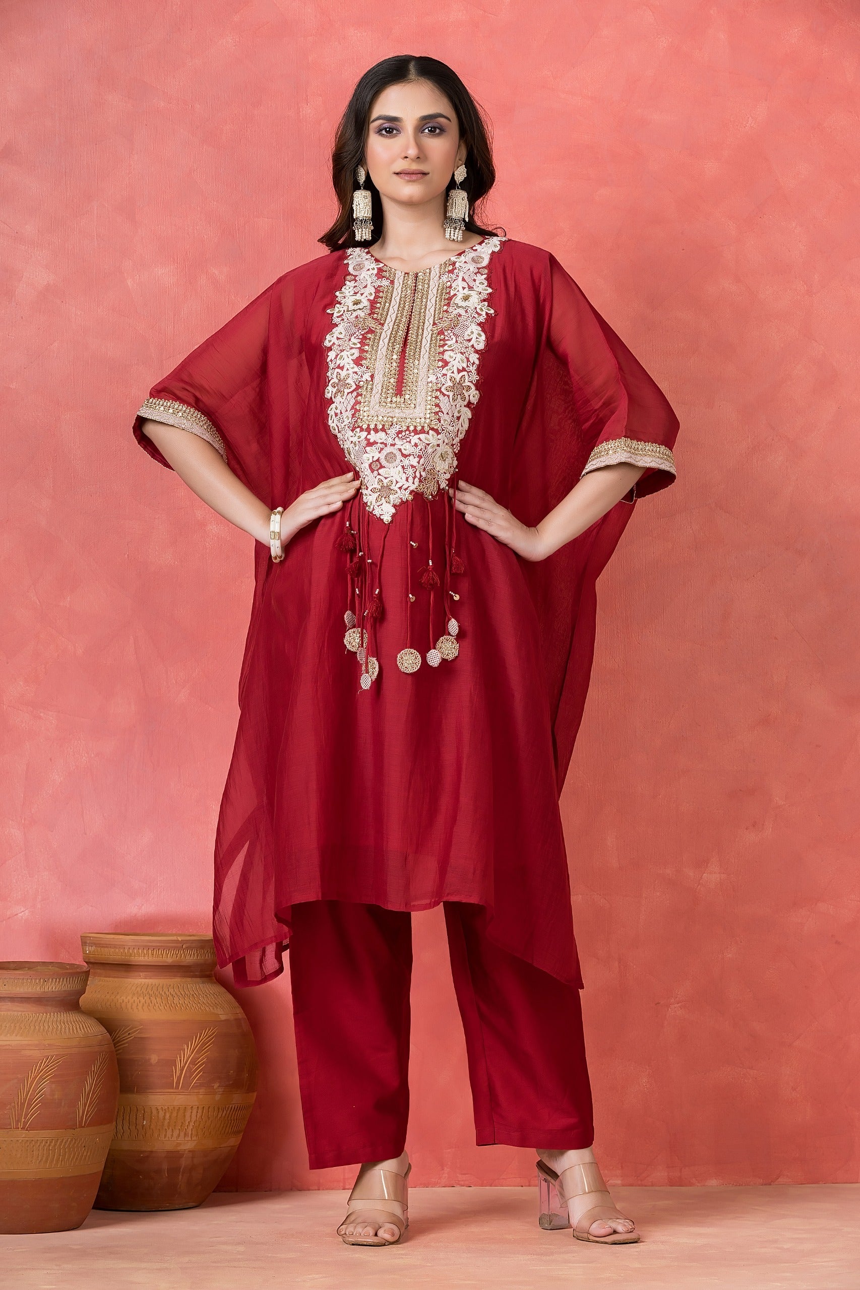 Garnet Embellished Mul-Chanderi Kaftan Set