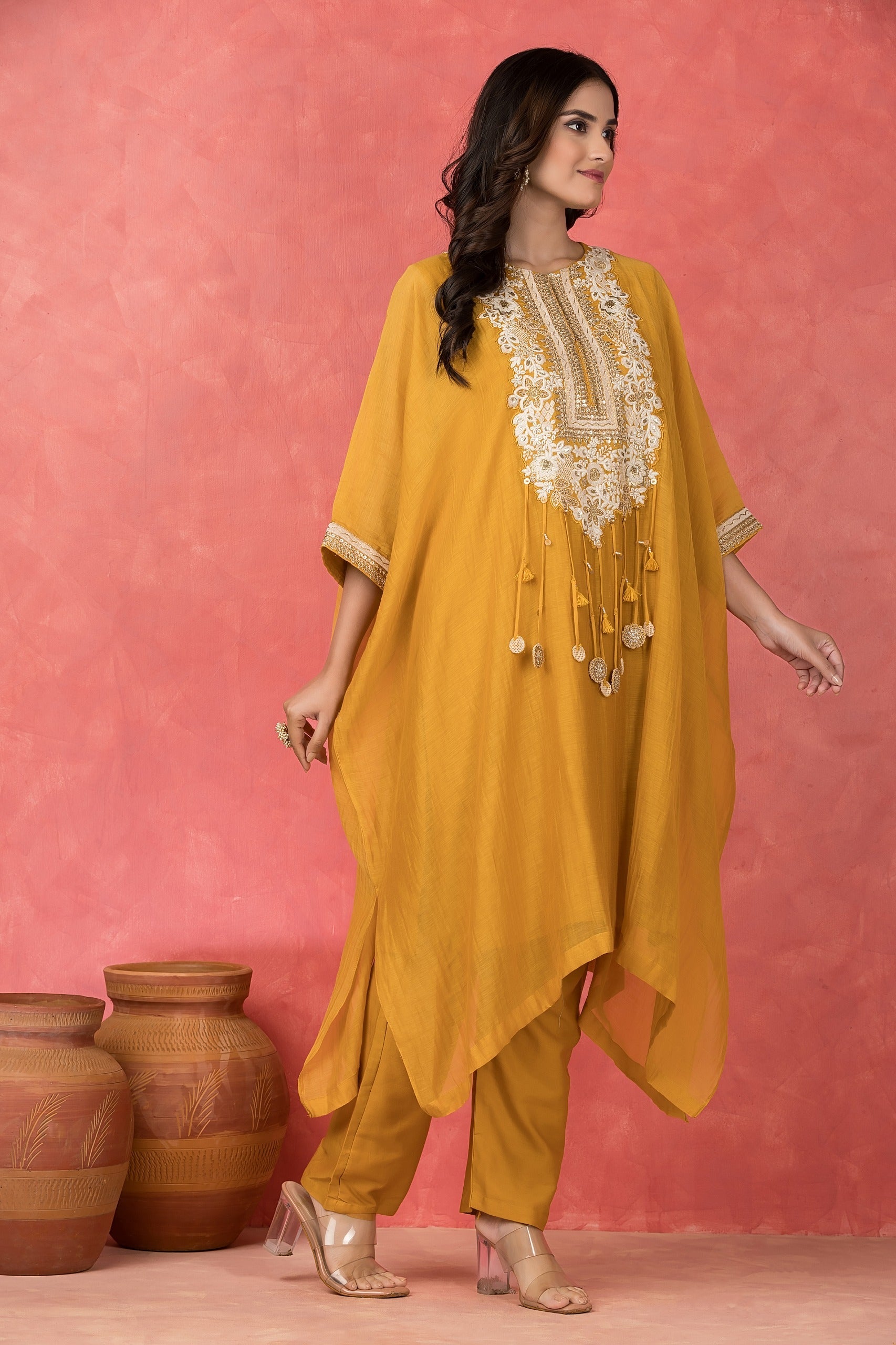 Amber Embellished Mul-Chanderi Kaftan Set