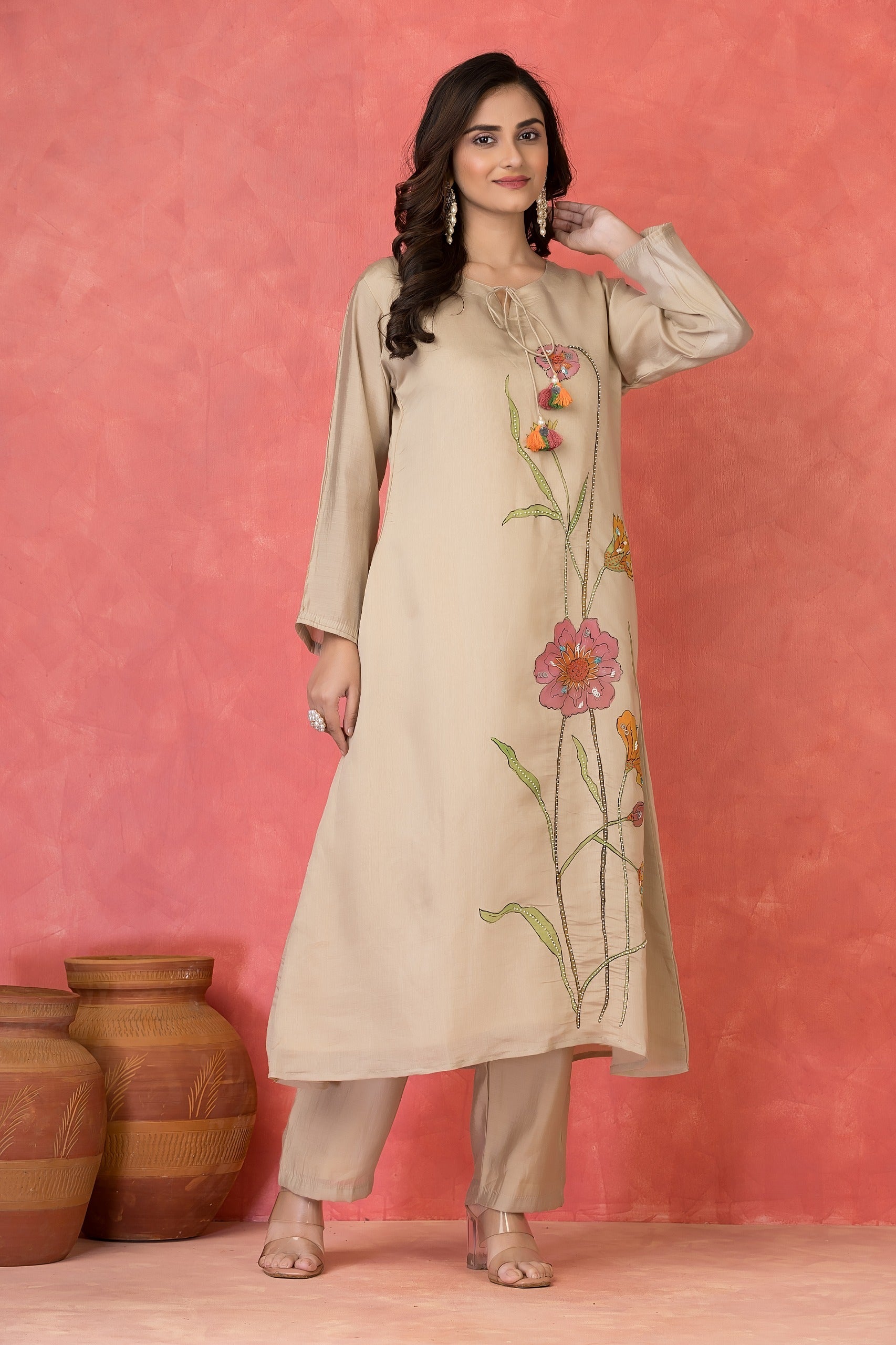 Light Beige Embellished Premium Silk Kurta Set