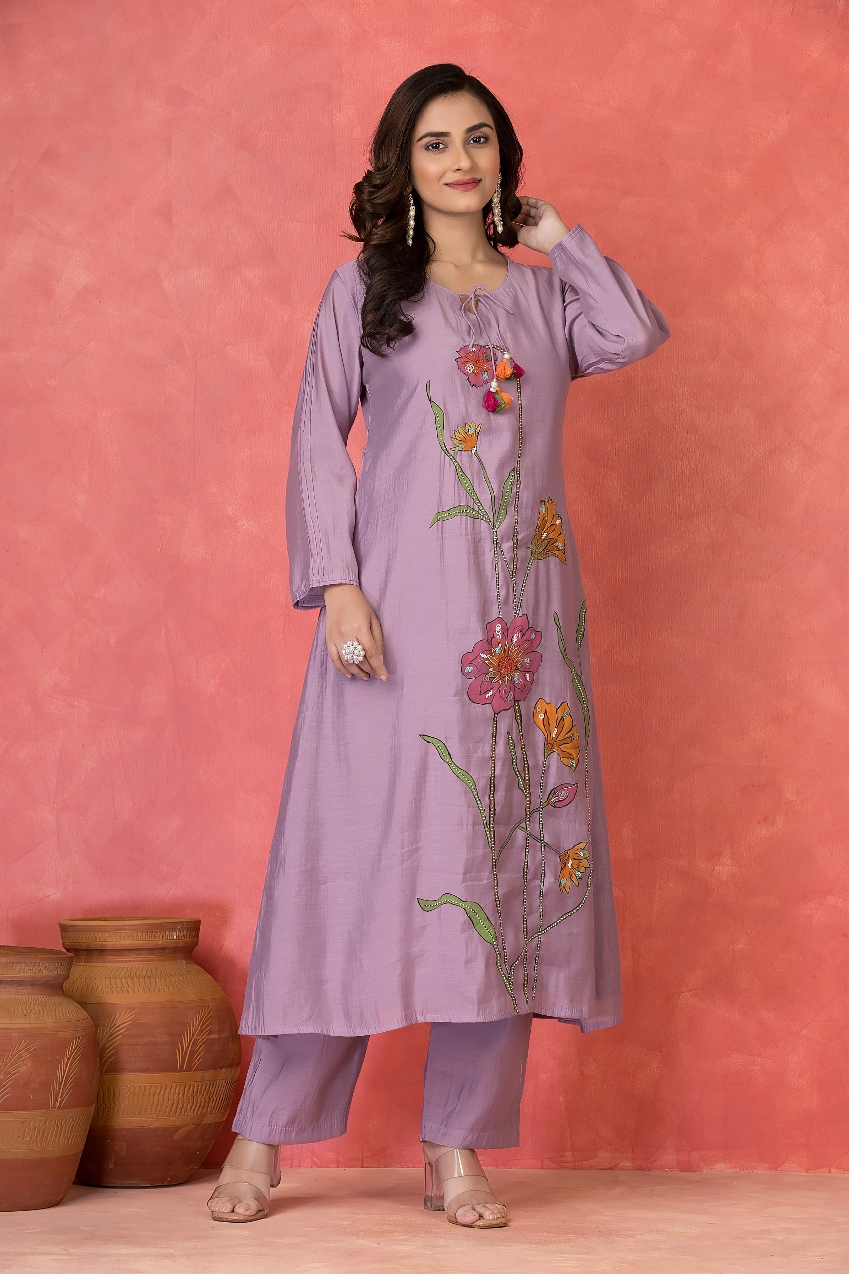 Lavender Embellished Premium Silk Kurta Set